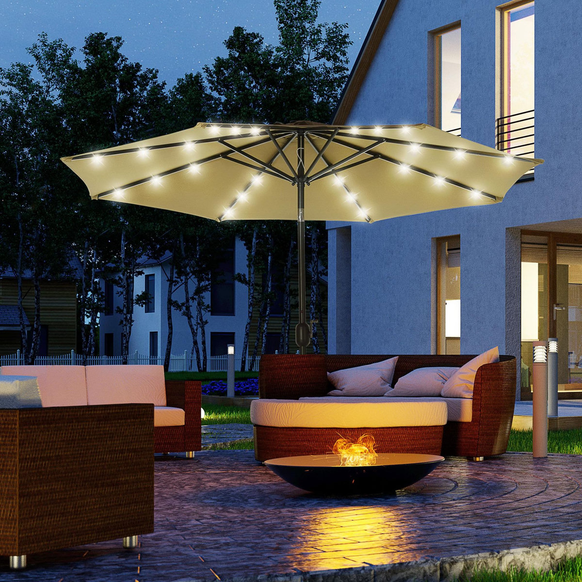 OUTSUNNY Parasol octogonal inclinable Ø 2,67 x 2,4 m lumineux solaire 24 LED polyester haute densité 180 g/m² kaki