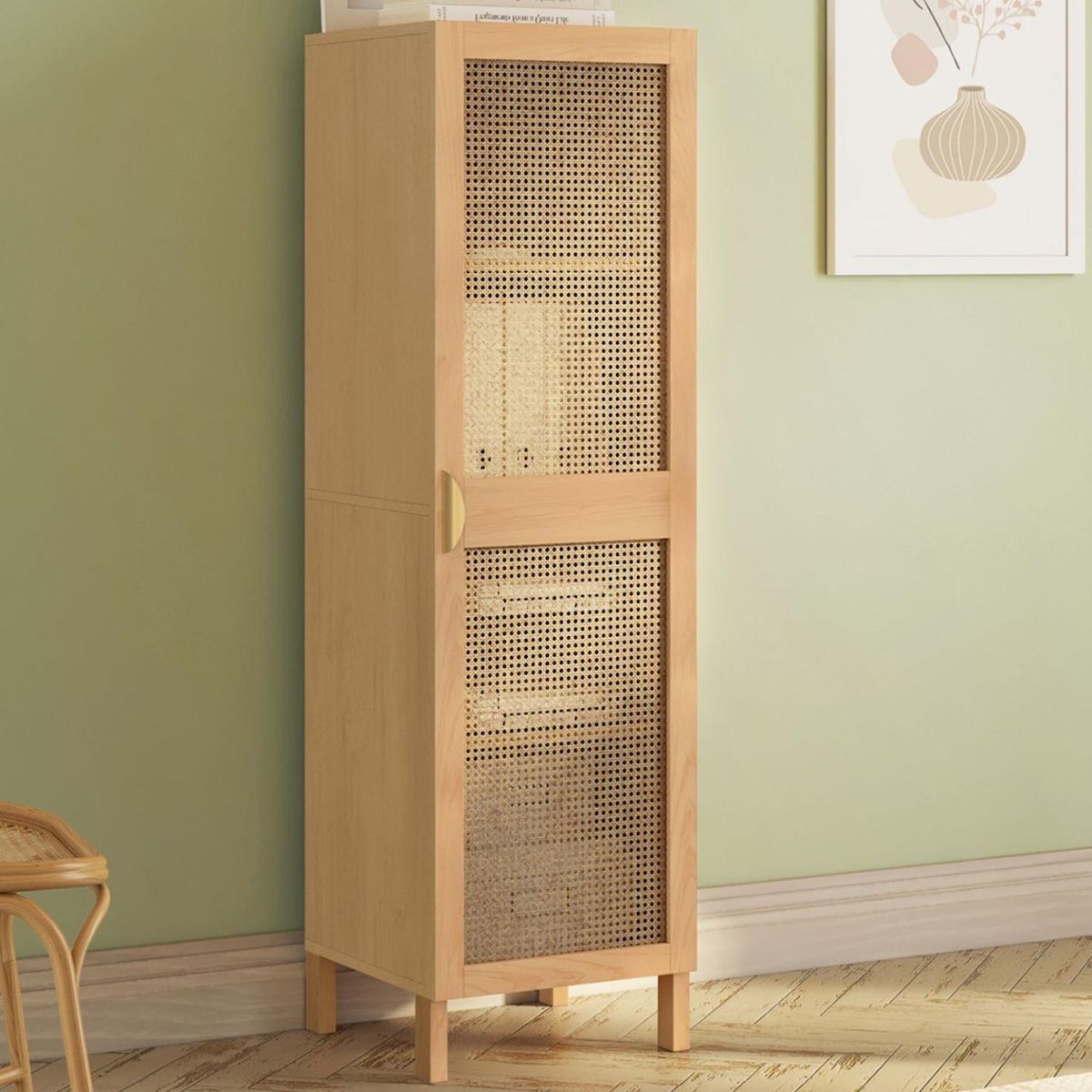 ID MARKET Armoire de rangement EDHEN 1 porte 3 étagères bois et cannage