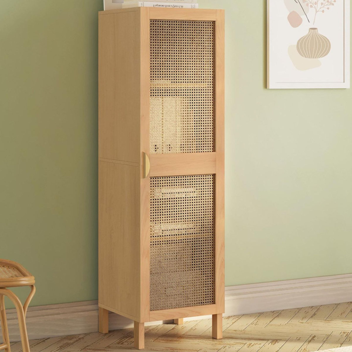 ID MARKET Armoire de rangement EDHEN 1 porte 3 étagères bois et cannage
