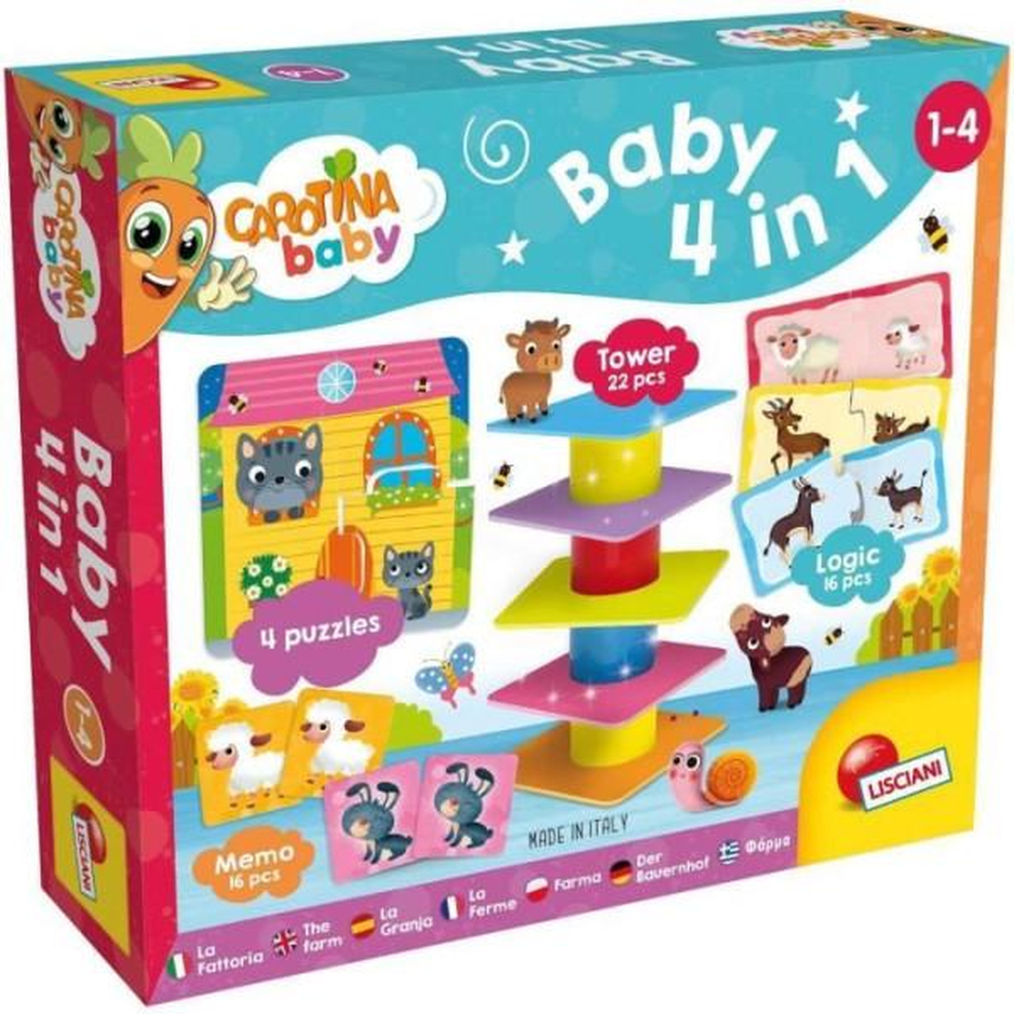 LISCIANI GIOCHI La Ferme 4 en 1 - Coffret éducatif - CAROTINA BABY - Puzzle et associations