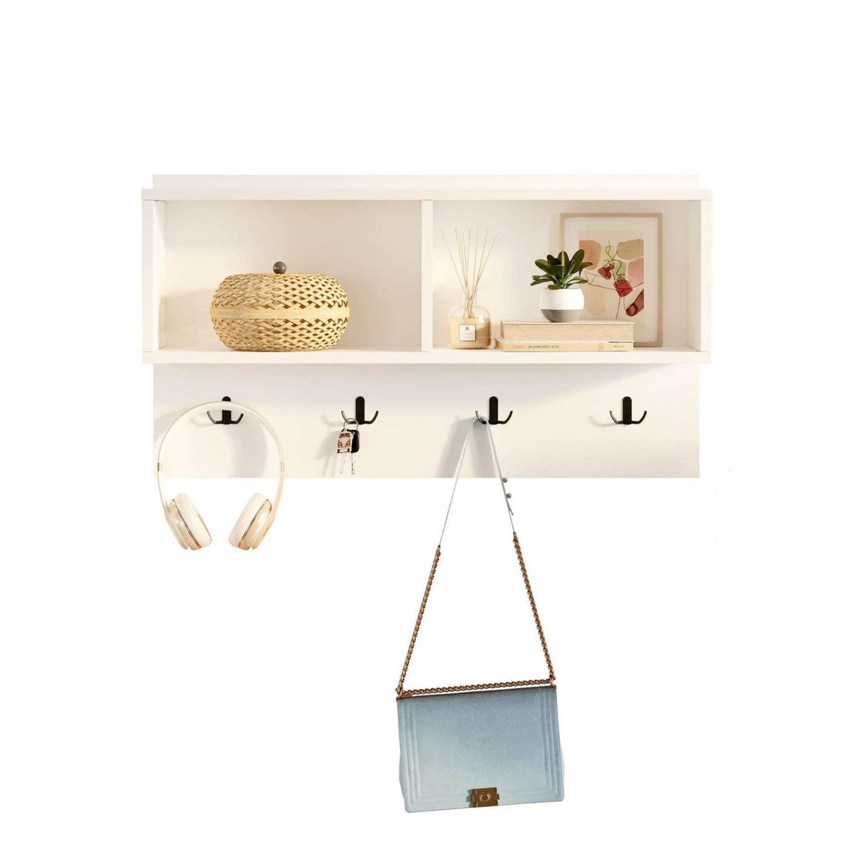 TOILINUX Etagère murale 2 niches et patères en bois