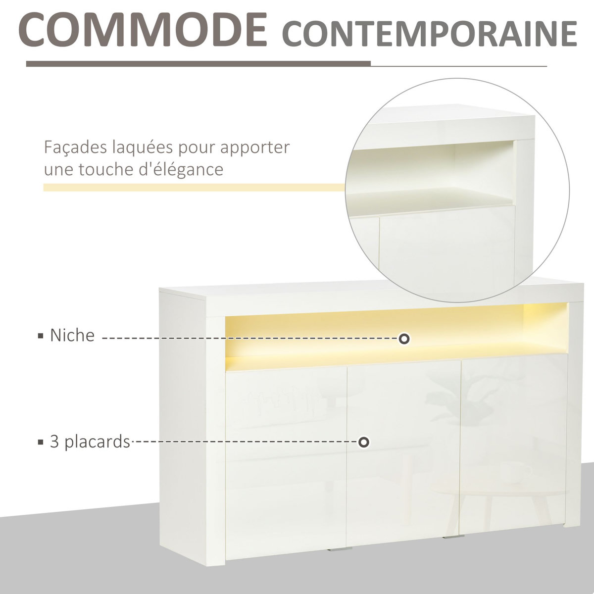 HOMCOM HOMCOM Buffet LED - meuble de rangement LED - 3 placards avec étagère et grande niche - panneaux particules MDF blanc laqué