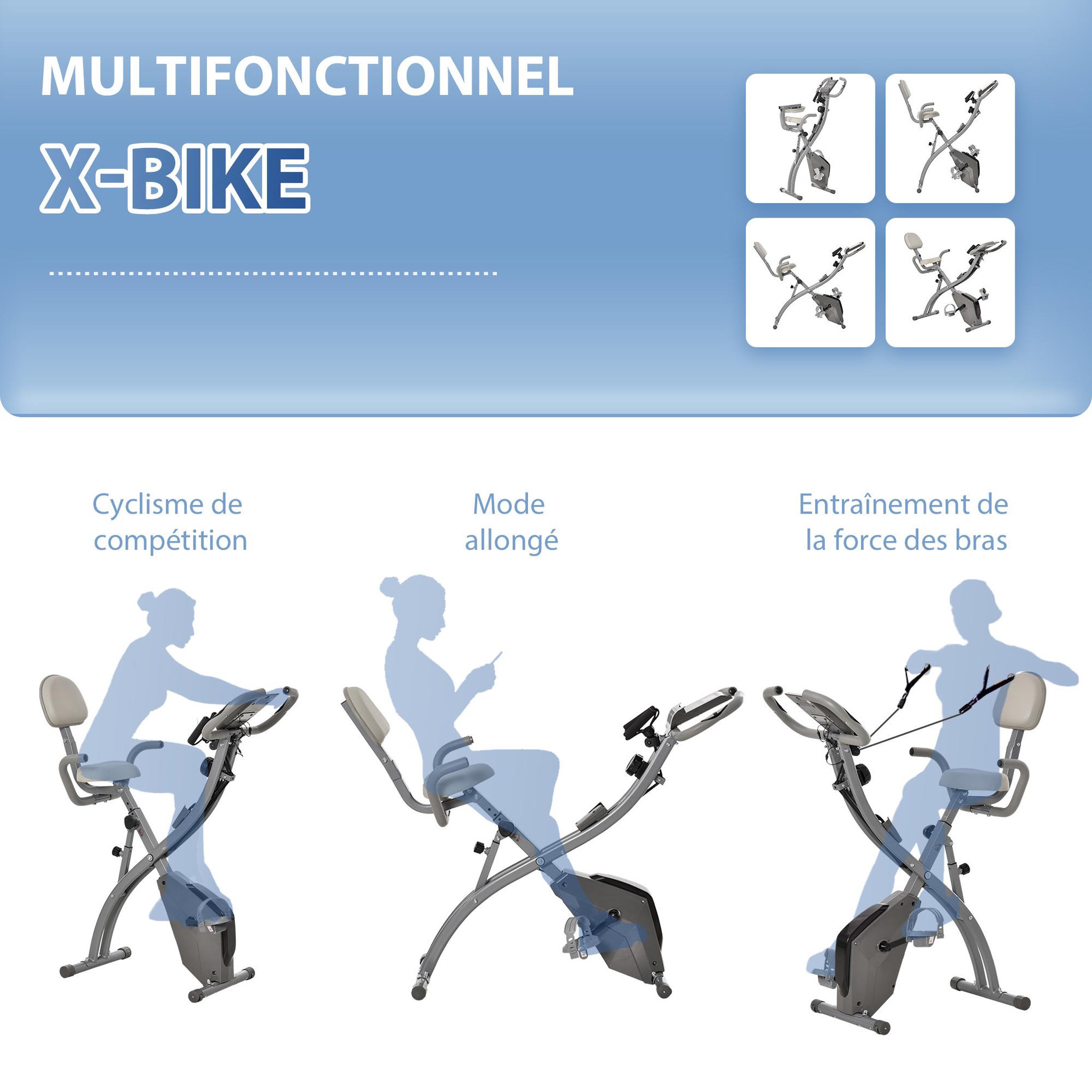 Voir la diapositive 6 : HOMCOM Vélo d'appartement pliant 8 niveaux de résistance magnétique dossier selle réglable poignées ergonomiques écran LCD multifonction suspensions support tablette acier