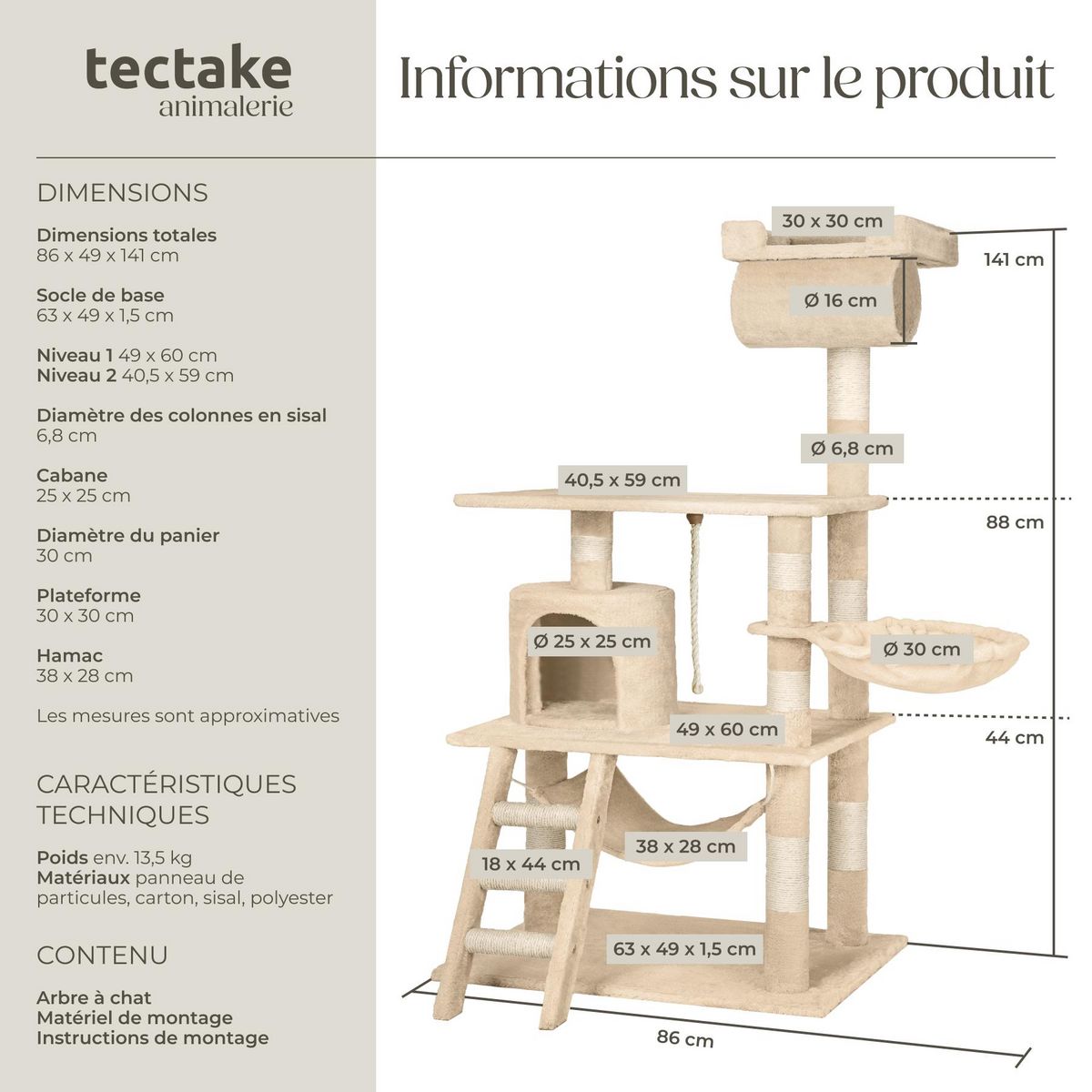tectake Arbre à chat 141 cm avec griffoir et plateforme d'escalade beige