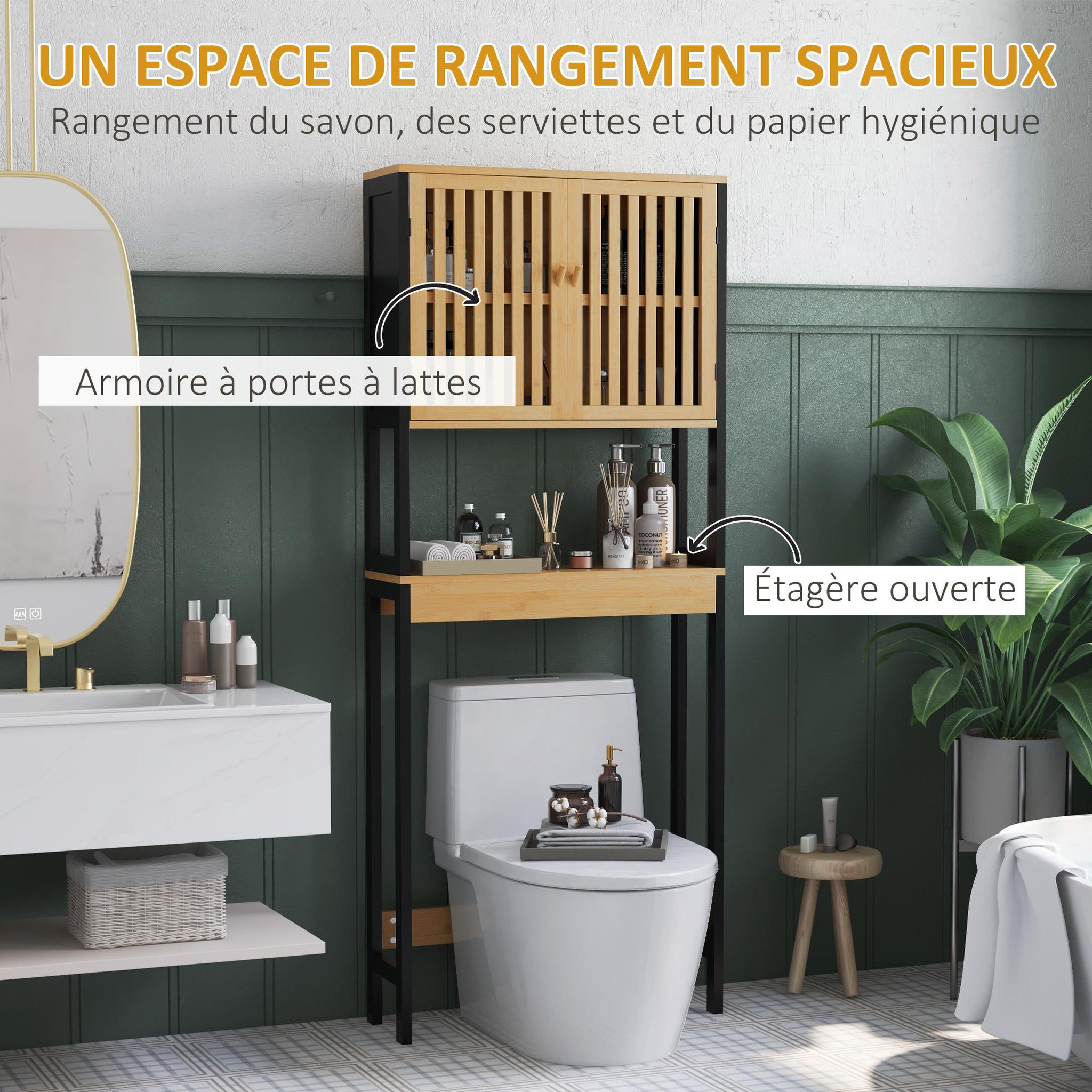 Voir la diapositive 4 : KLEANKIN Meuble étagère dessus wc - 2 portes, 2 étagères - mdf noir bois bambou verni