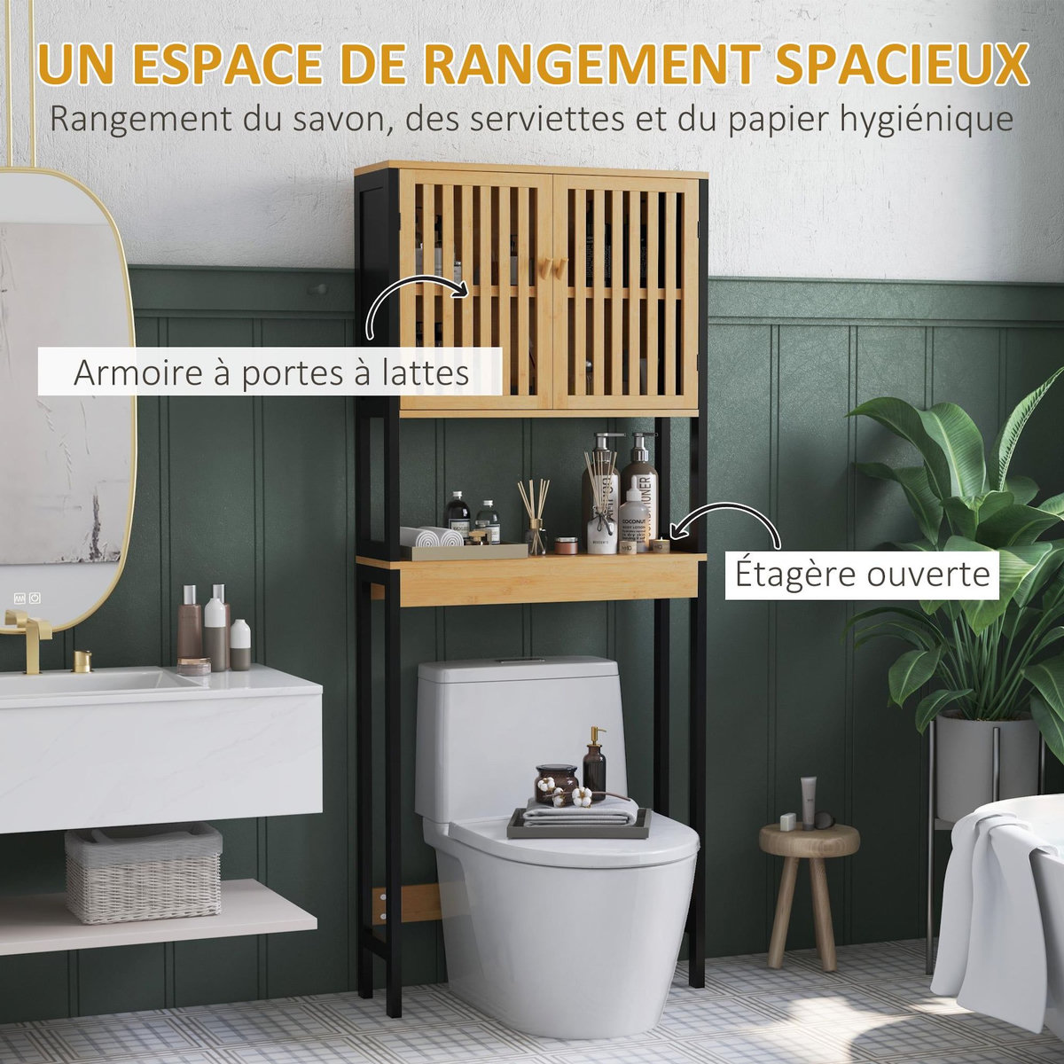 KLEANKIN Meuble étagère dessus WC - 2 portes, 2 étagères - MDF noir bois bambou verni