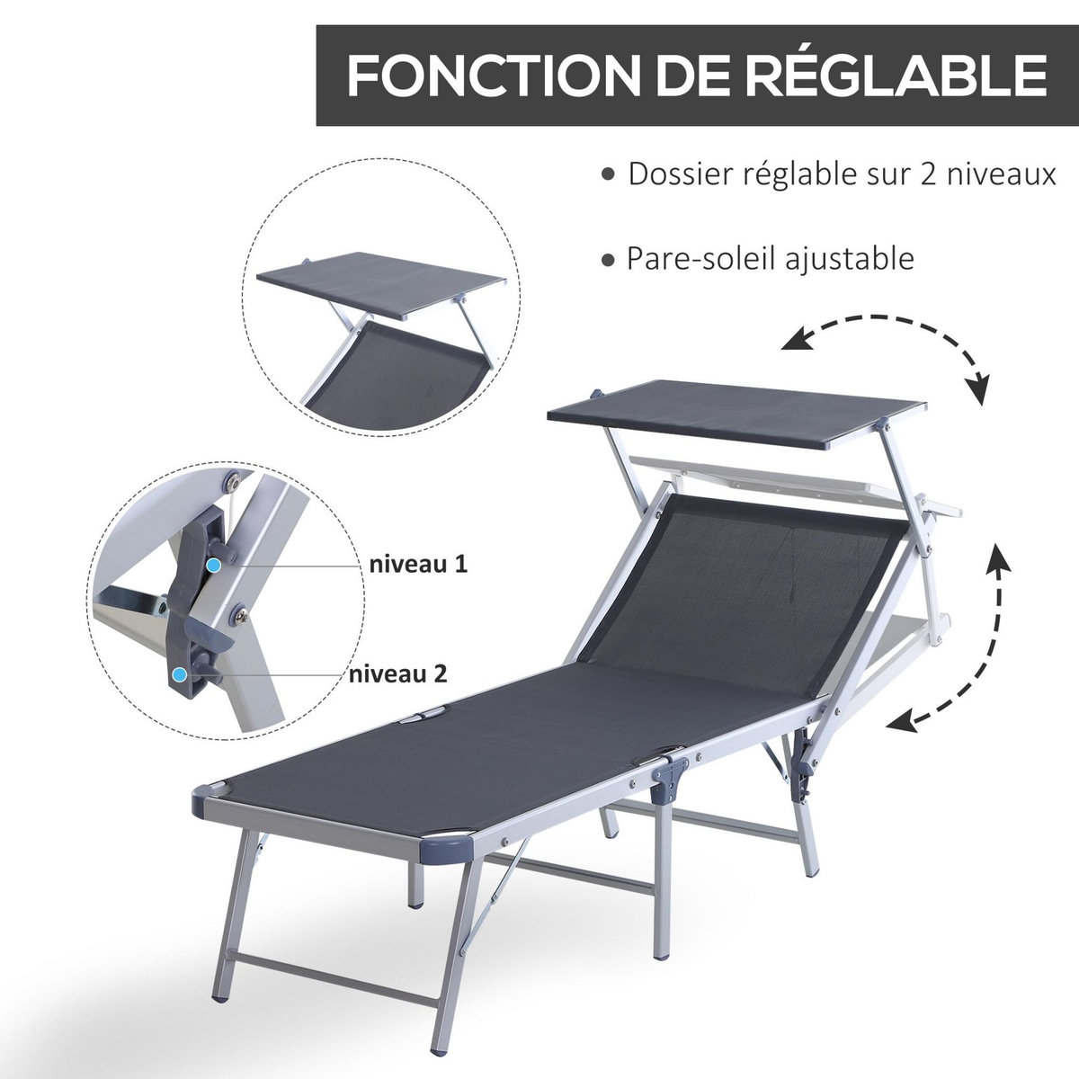 OUTSUNNY Transat bain de soleil pliable grand confort dossier et pare-soleil réglable alu. textilène gris