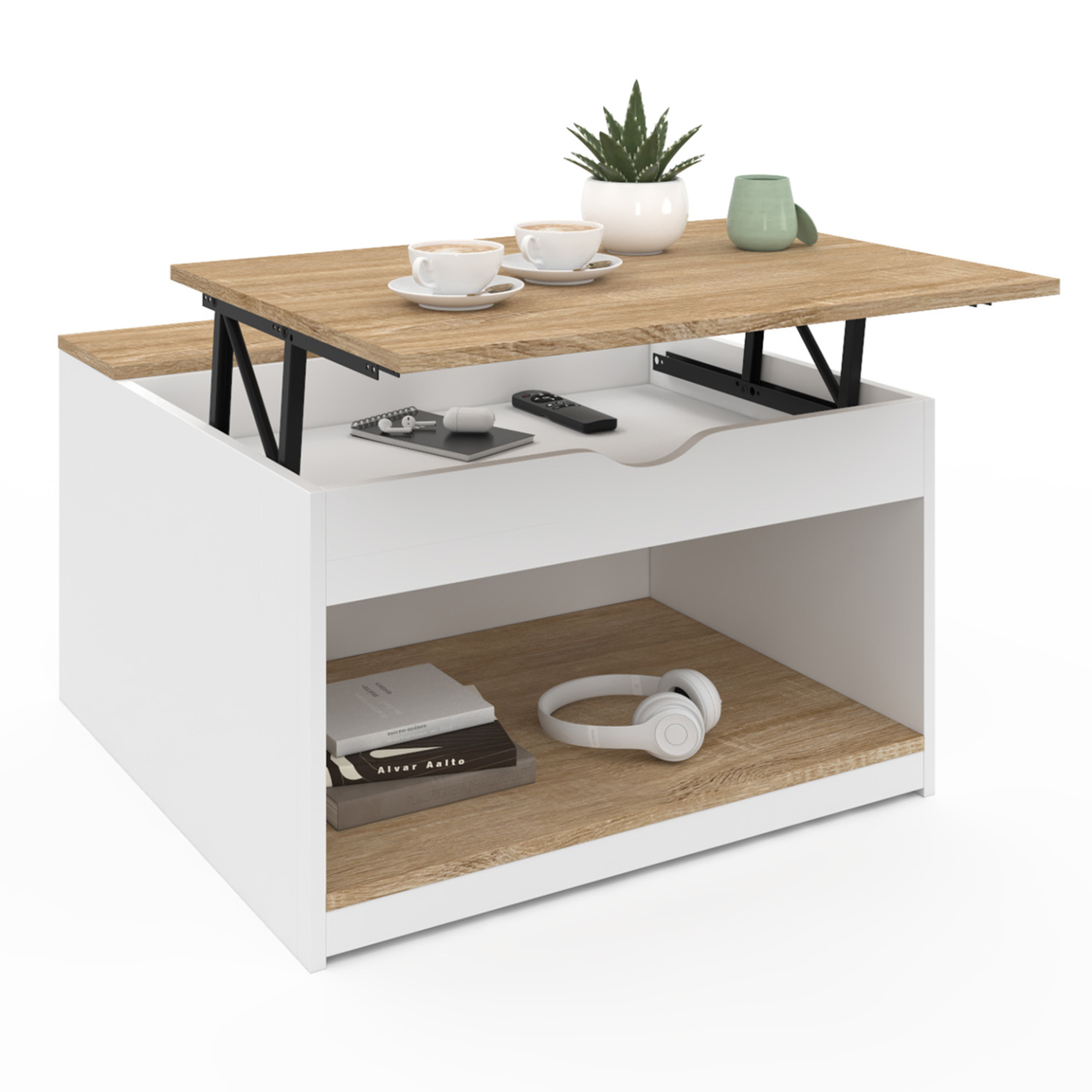 ID MARKET Table basse plateau relevable carrée elea avec coffre bois blanc et façon hêtre