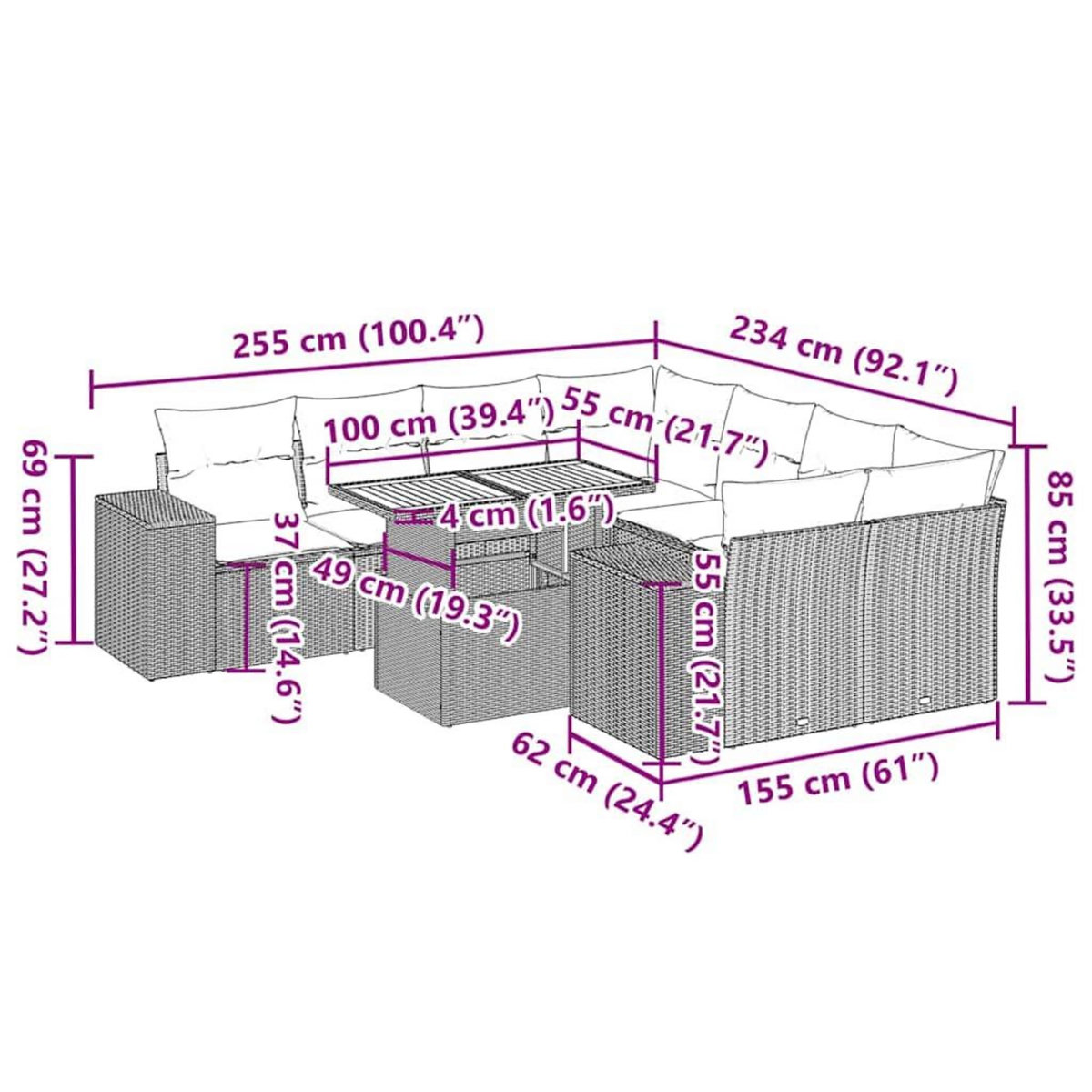 VIDAXL Salon de jardin 9 pcs avec coussins noir resine tressee