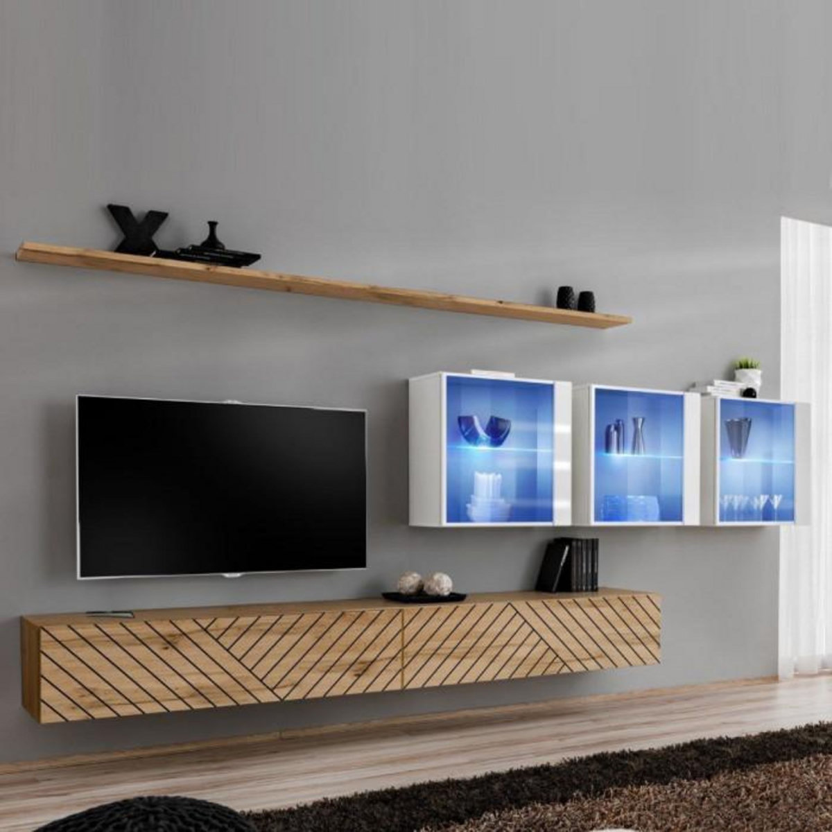 Paris Prix Ensemble Meuble TV  Switch Lamel XVII  340cm Naturel & Blanc