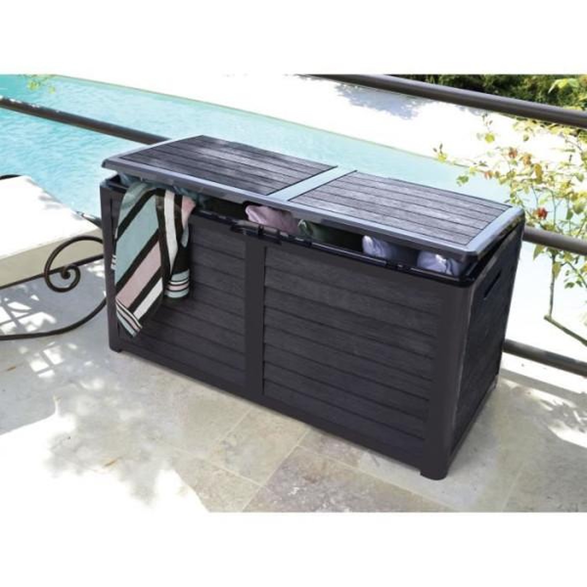 Voir la diapositive 3 : EDA PLASTIQUE EDA Coffre de jardin BAYA en Plastique 420 litres - Décor imitation bois - Gris anthracite - Fabriqué en France