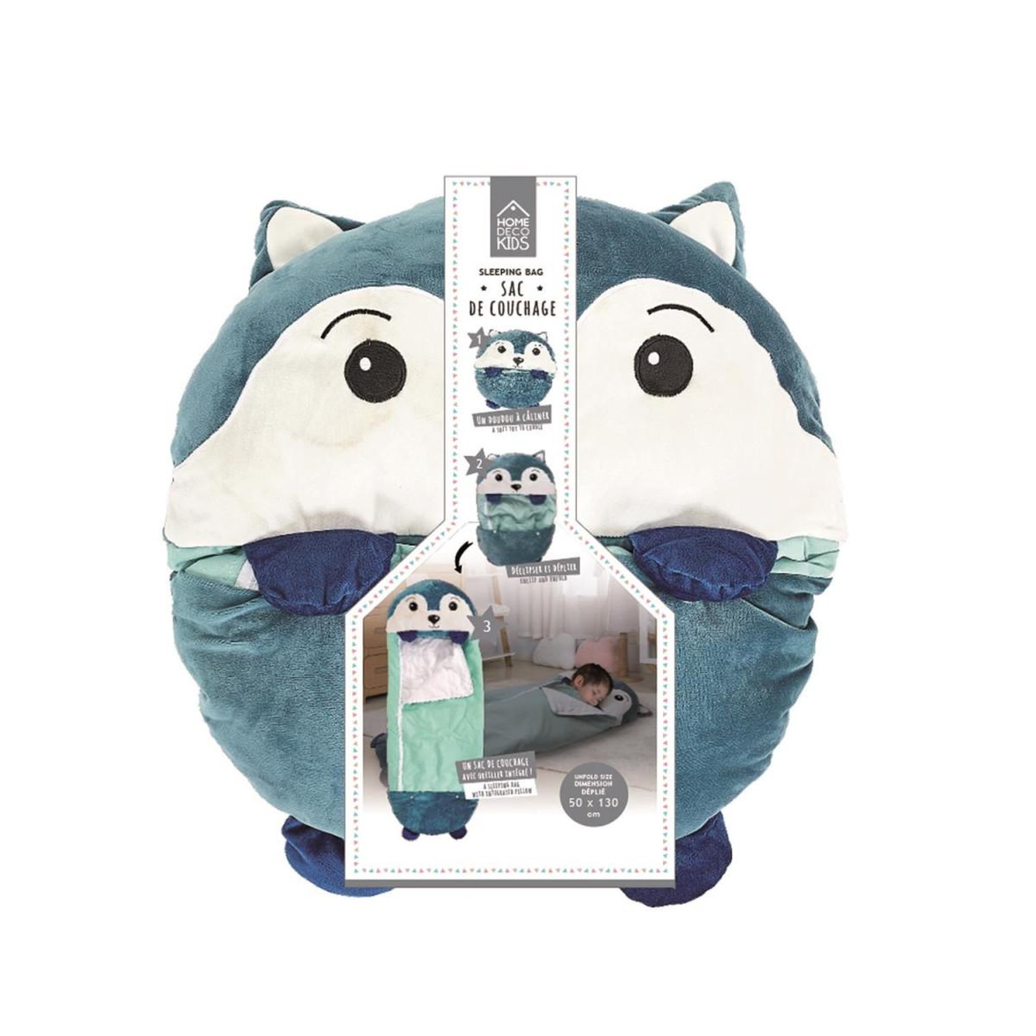 Voir la diapositive 6 : HOME DECO KIDS Sac de Couchage Convertible  Loup  50x130cm Bleu
