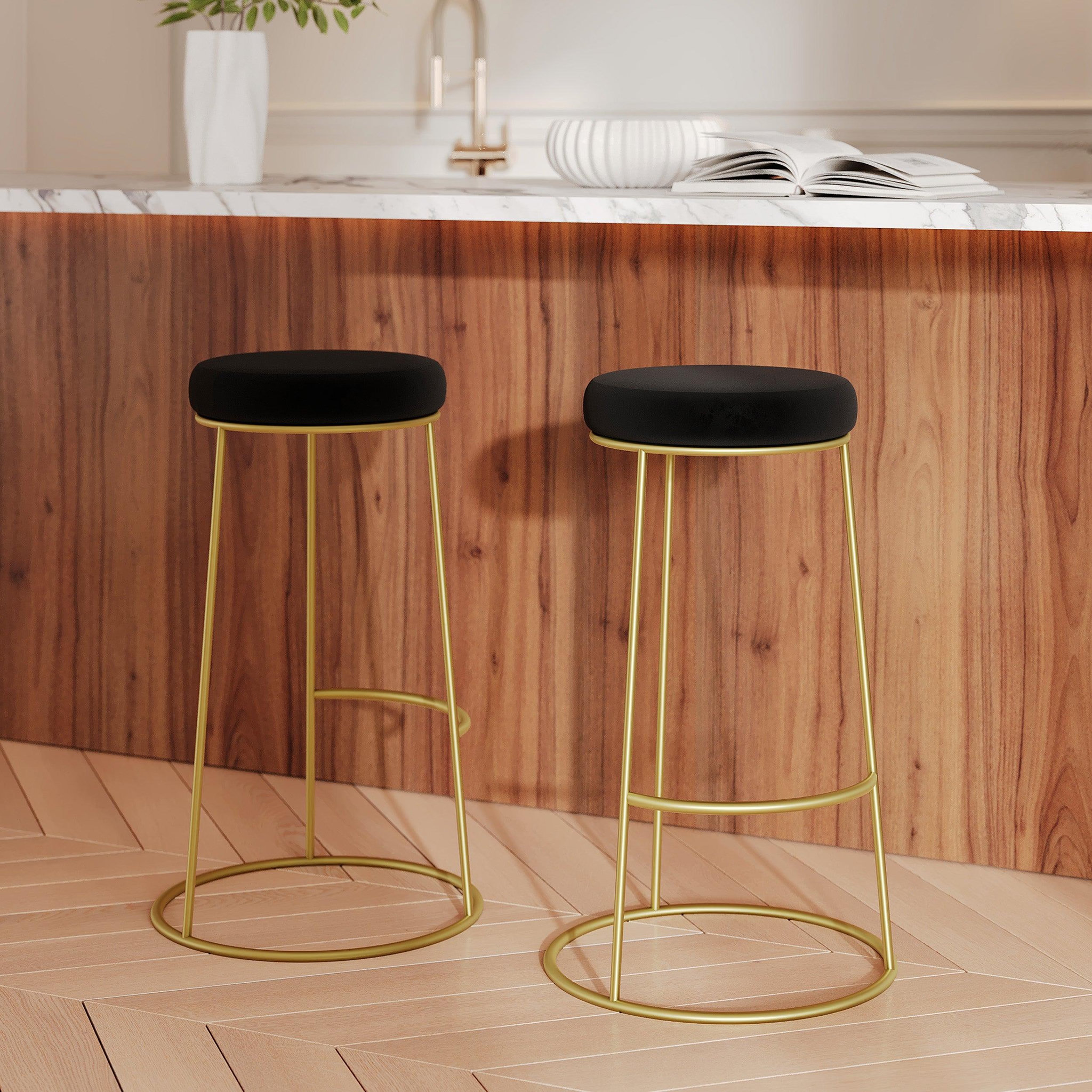 Voir la diapositive 2 : MAISON PAVANE Lot de 2 tabourets de bar 73 cm en velours noir-kendal