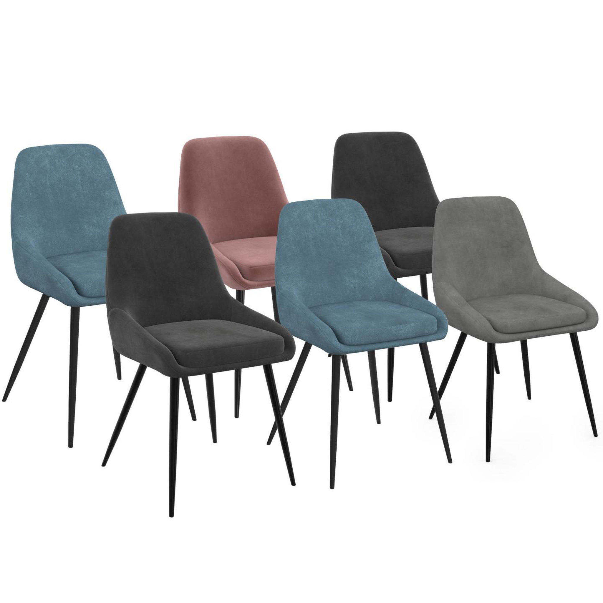 ID MARKET Lot de 6 chaises thalya en velours mix color pastel bleu x2, gris foncé x2, gris clair, rose avec accoudoirs