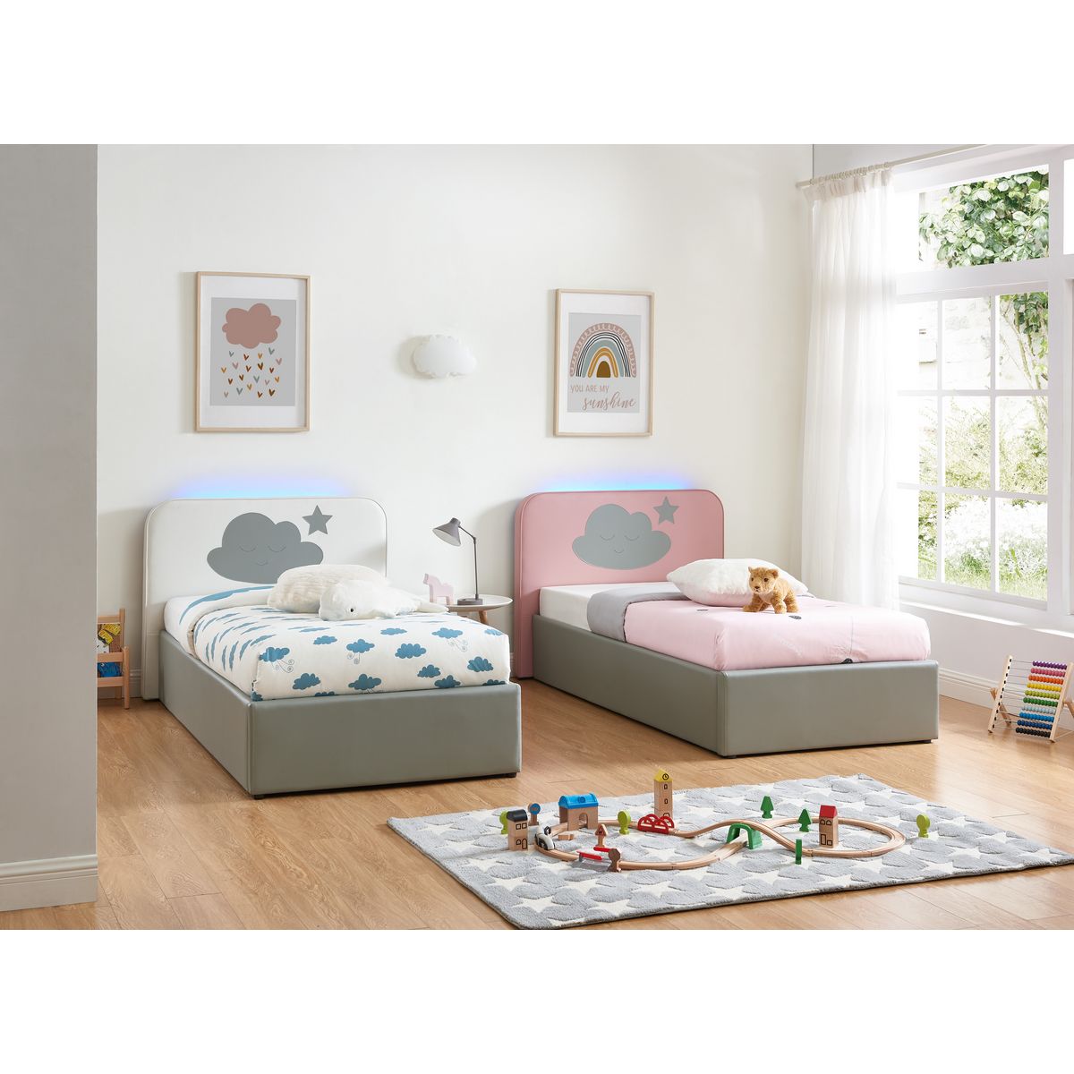 Lit coffre 90x190cm avec sommier LED et tête de lit NUAGE