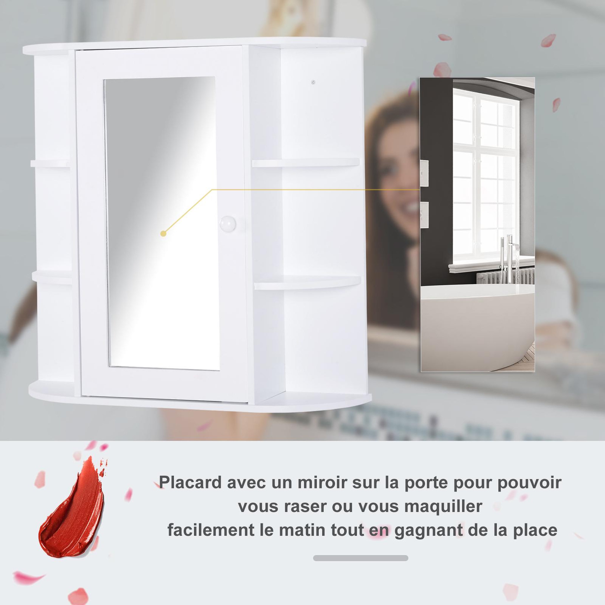 Voir la diapositive 5 : HOMCOM Armoire murale salle de bain armoire à glace placard de rangement toilettes 1 porte + étagères latérales mdf blanc