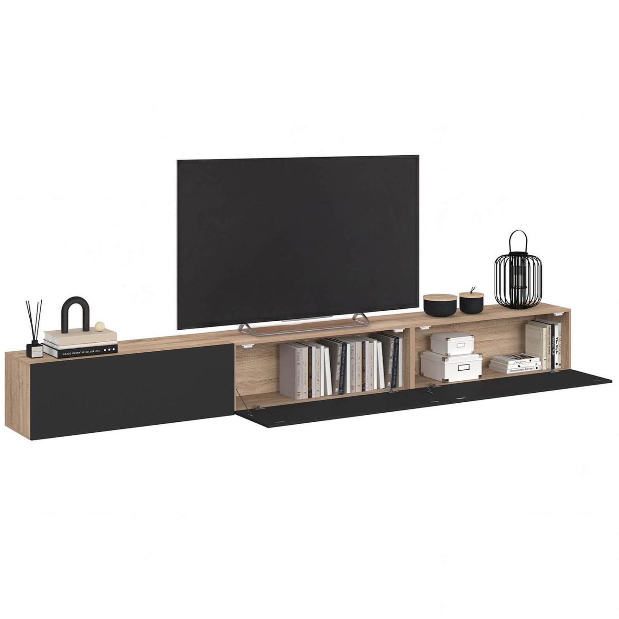 Voir la diapositive 4 : ID MARKET Meuble tv 270 cm suspendu elio 3 portes bois et noir
