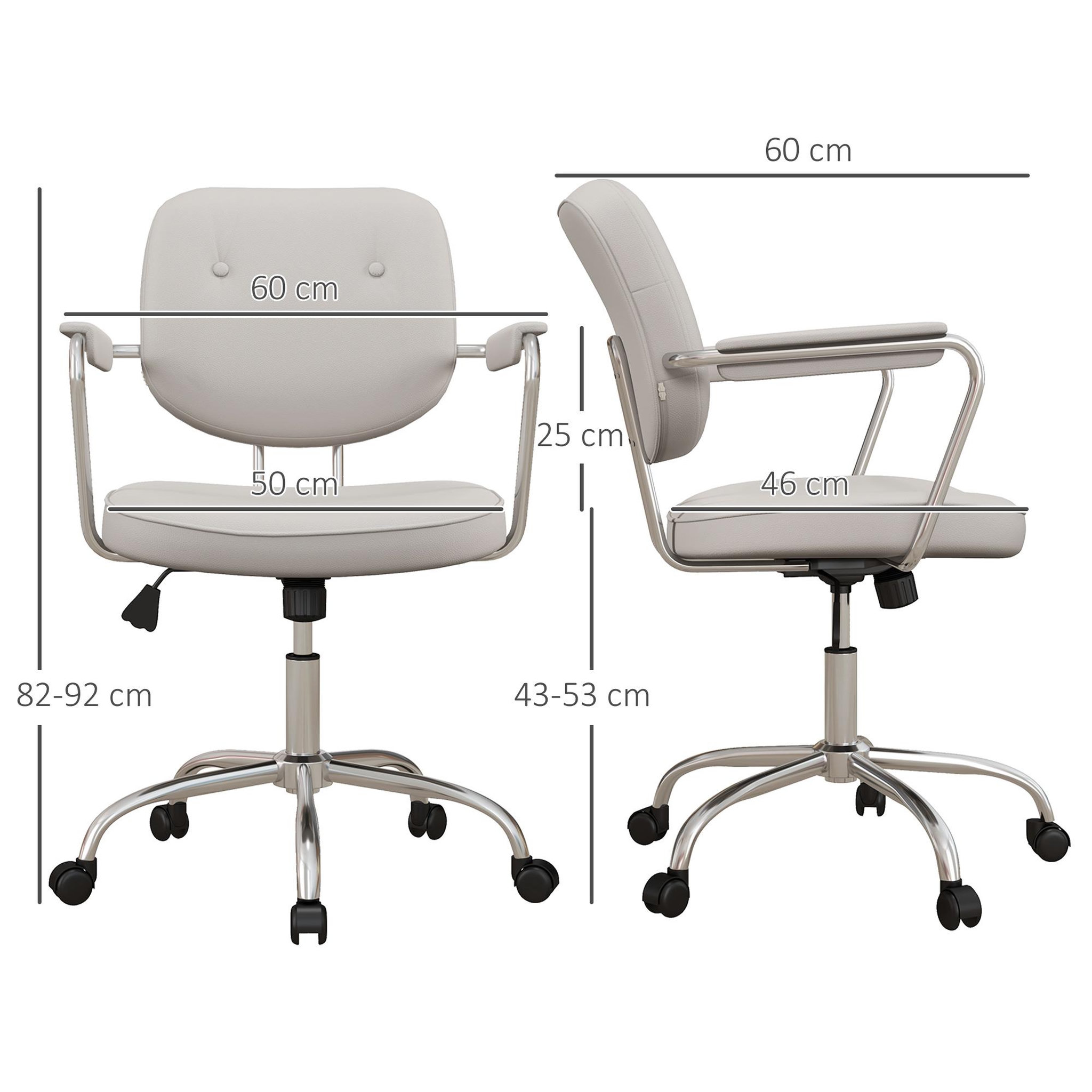 Voir la diapositive 3 : VINSETTO Chaise de bureau design néo-rétro - dossier 2 boutons, accoudoirs rembourrés - piètement structure acier chromé PU beige