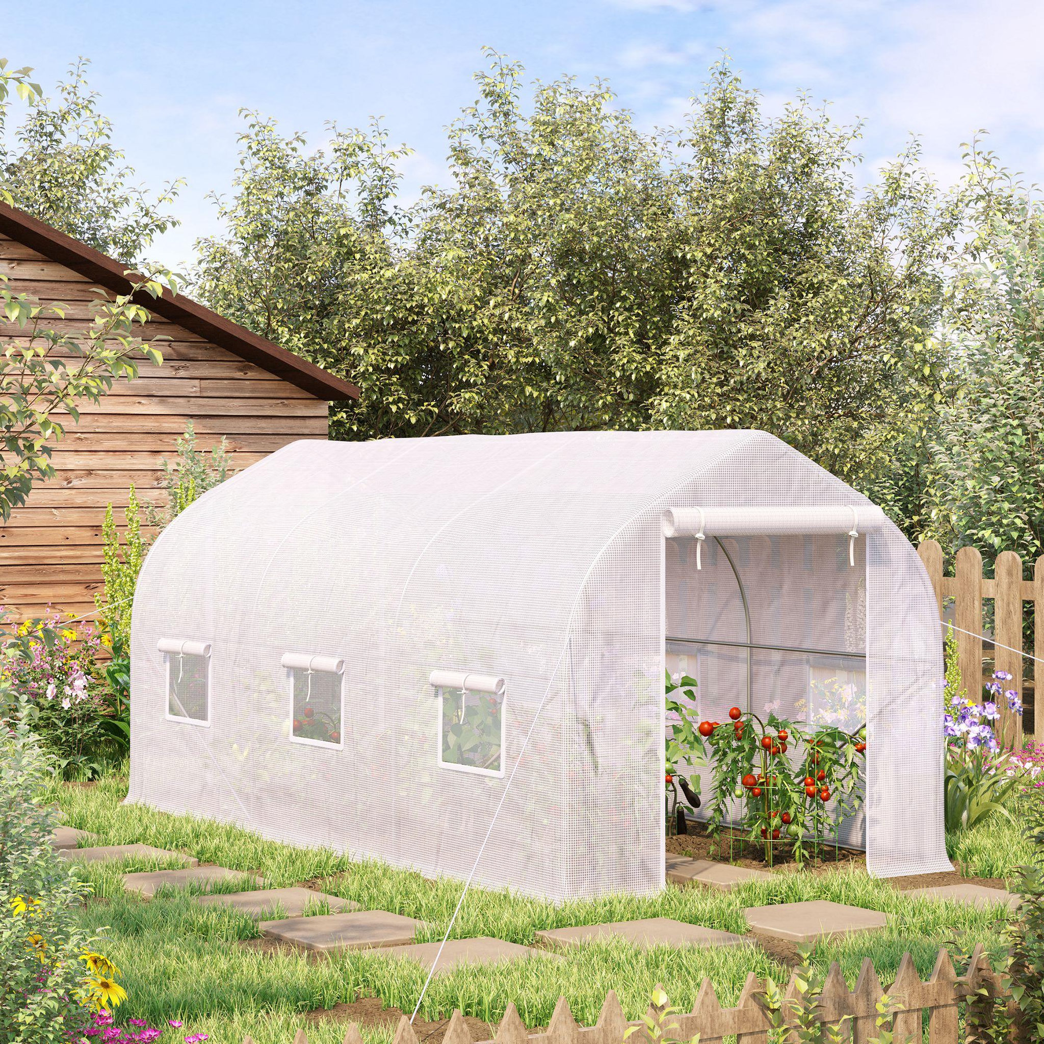 Voir la diapositive 4 : OUTSUNNY Serre tunnel de jardin 8 m² - 2 portes, 6 fenêtres - métal galvanisé bâche PE blanc