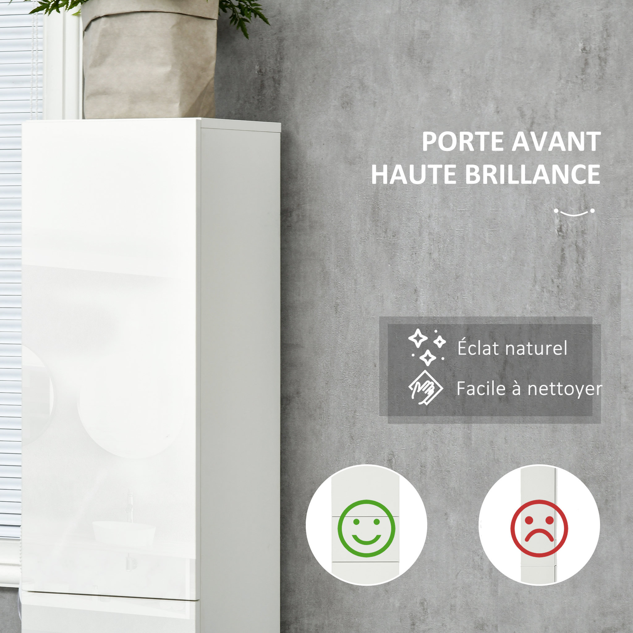 Voir la diapositive 5 : KLEANKIN Meuble colonne rangement salle de bain style contemporain façade laquée 2 portes 3 étagères tiroir panneaux MDF blanc