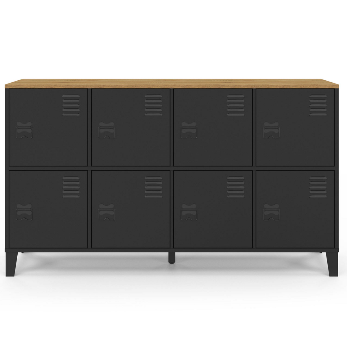 ID MARKET Buffet casier 139 cm ESTER 8 portes en métal noir plateau bois design industriel