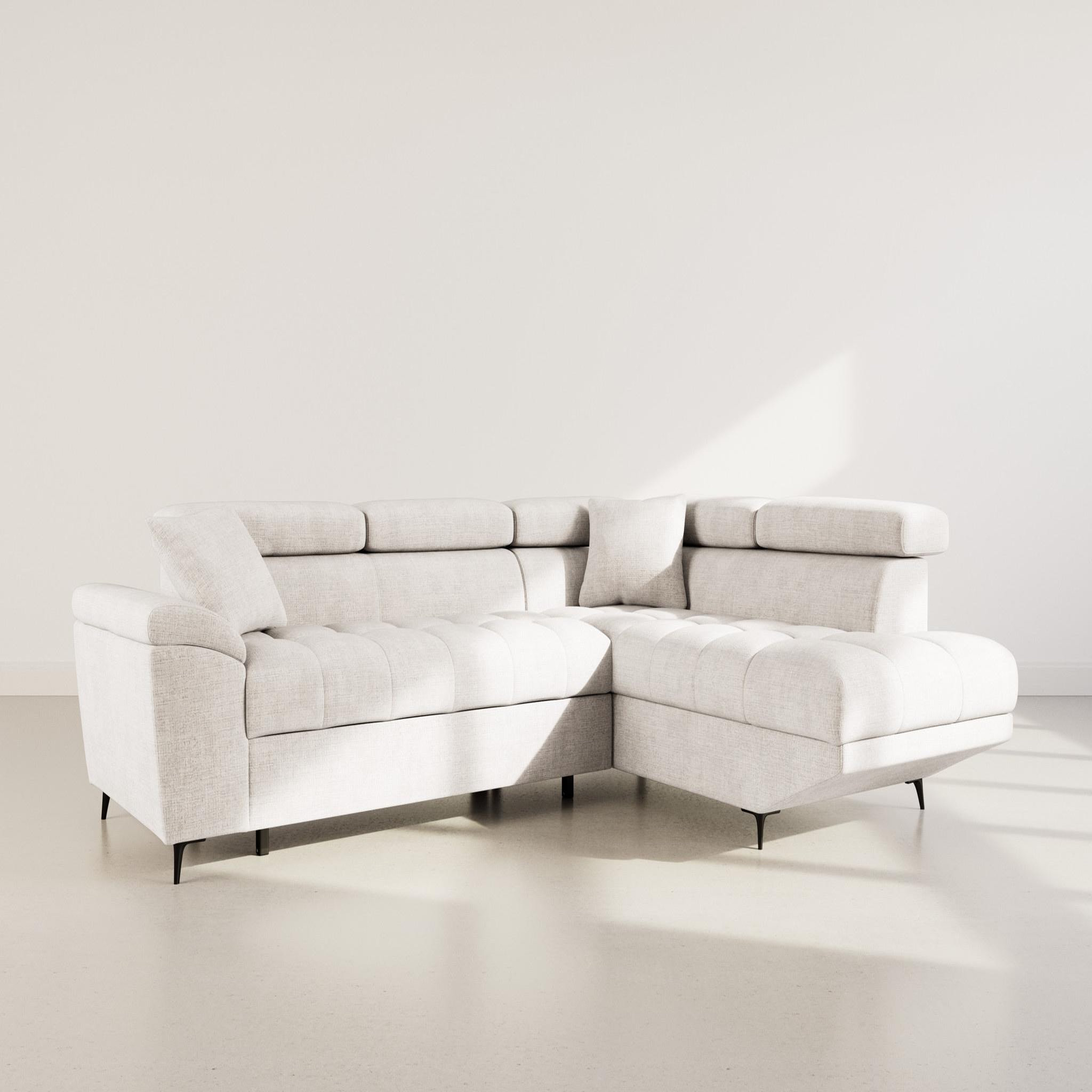BEST MOBILIER Camille - canapé d'angle droit 5 places convertible avec têtières et coffre en velours texturé. Coloris disponibles : Beige