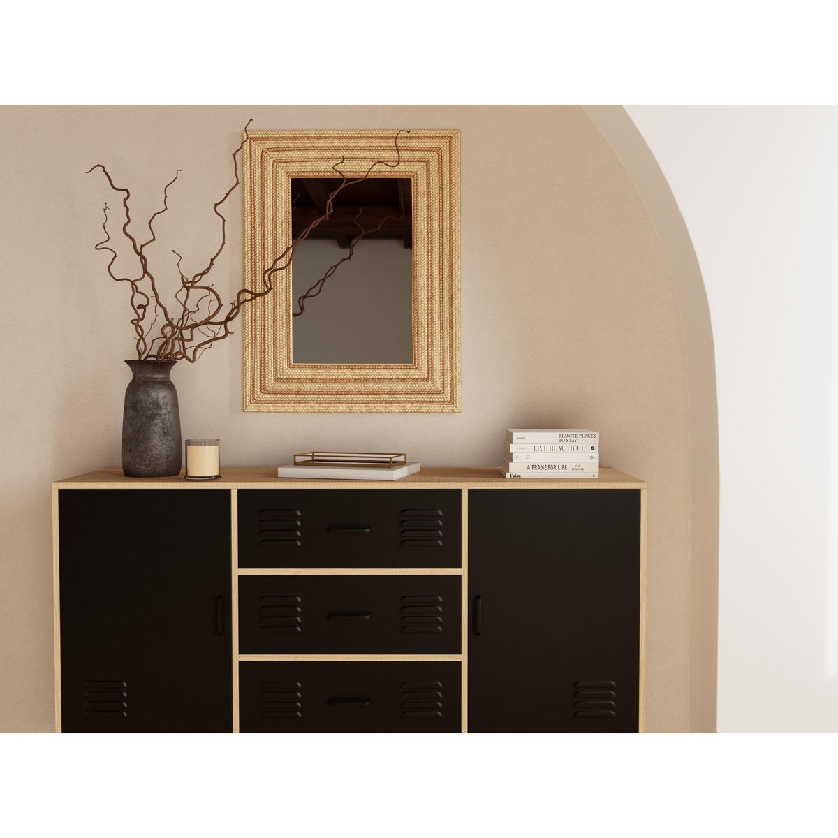 BEST MOBILIER Tribeca - buffet bas - effet bois et métal noir - 3 tiroirs et 2 portes - 140 cm