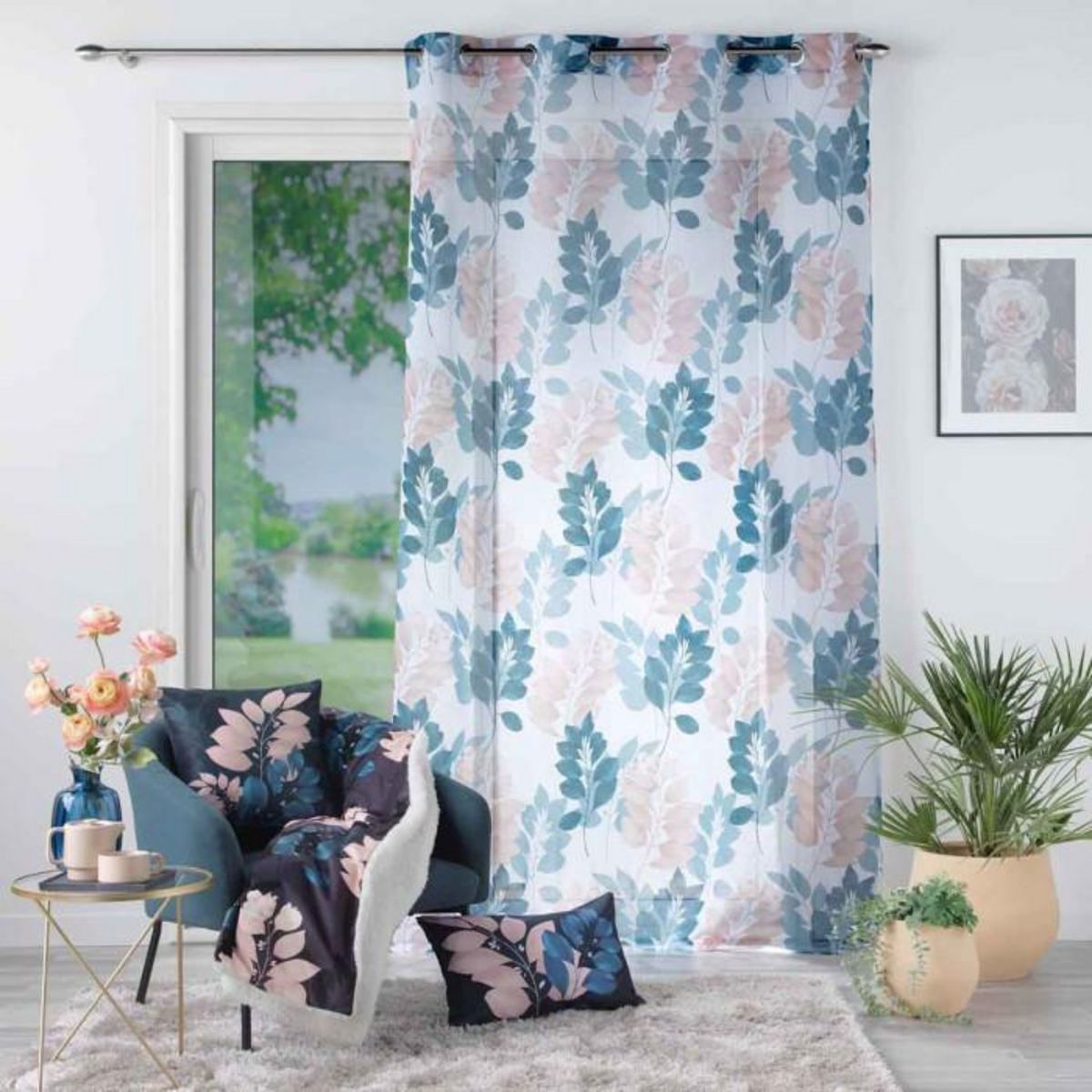 Paris Prix Rideau Voilage à Œillets  Belline  140x240cm Blanc & Bleu