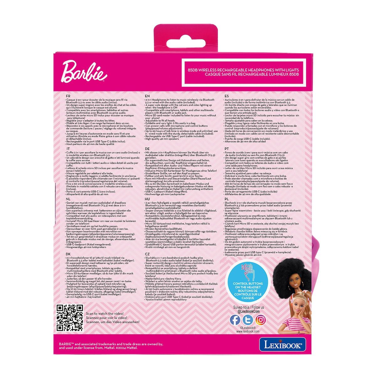 Lexibook Casque Barbie sans fil rechargeable lumineux avec oreilles de chat