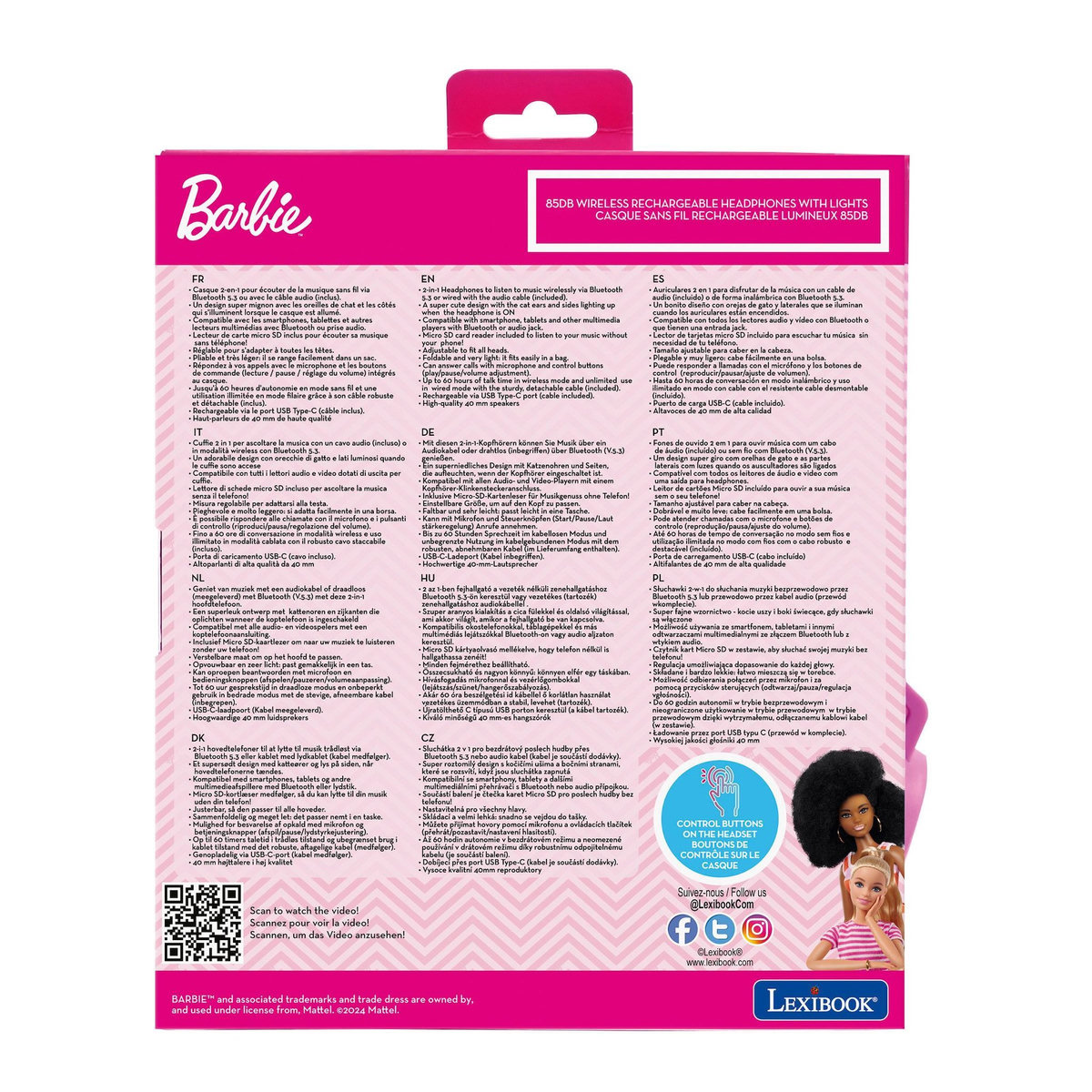 Lexibook Casque Barbie sans fil rechargeable lumineux avec oreilles de chat