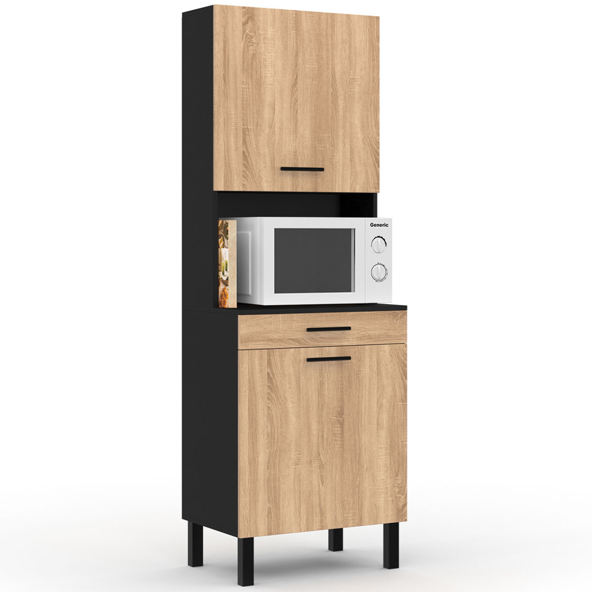 ID MARKET Buffet de cuisine 60 cm cina 2 portes + tiroir noir et façon hêtre