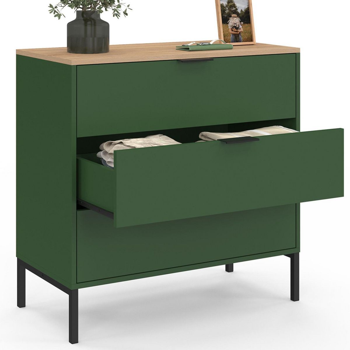 ID MARKET Commode 3 tiroirs KELIA 80 cm vert kaki et plateau bois