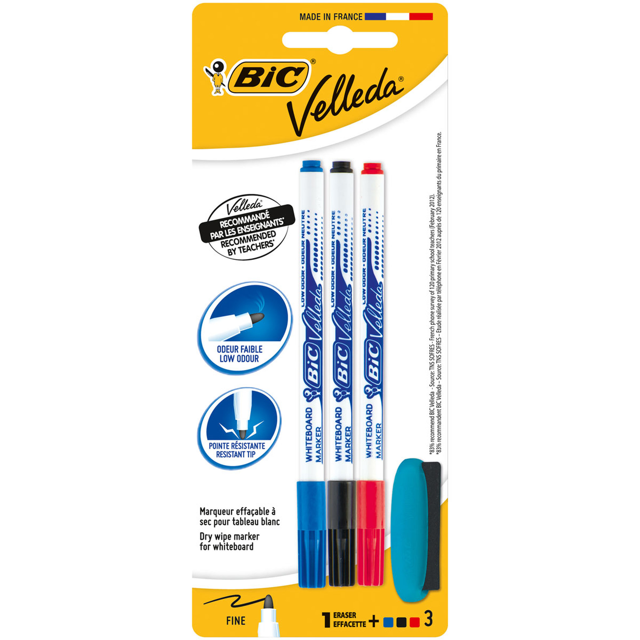 BIC Feutres effaçables à sec pour tableau blanc bleu/noir/rouge + 1effacette VELLEDA 1721 (lot de 3 + 1)
