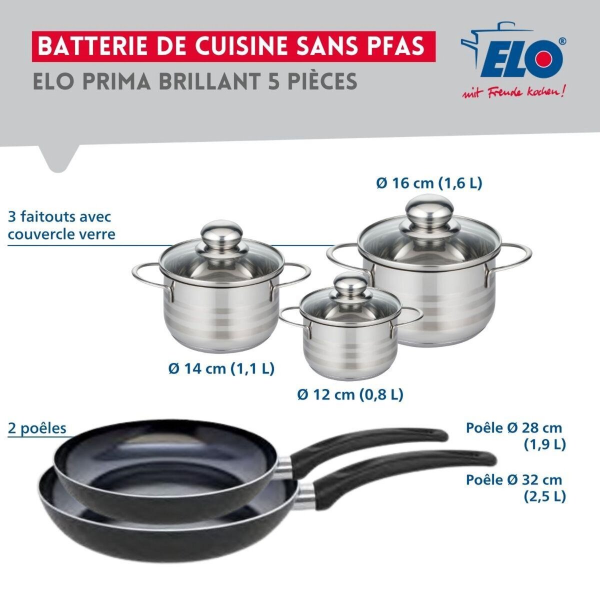ELO Ensemble de 2 Poêles de cuisson 28 et 32 cm et 3 faitouts 12, 14 et 16 cm Elo Prima Brillant
