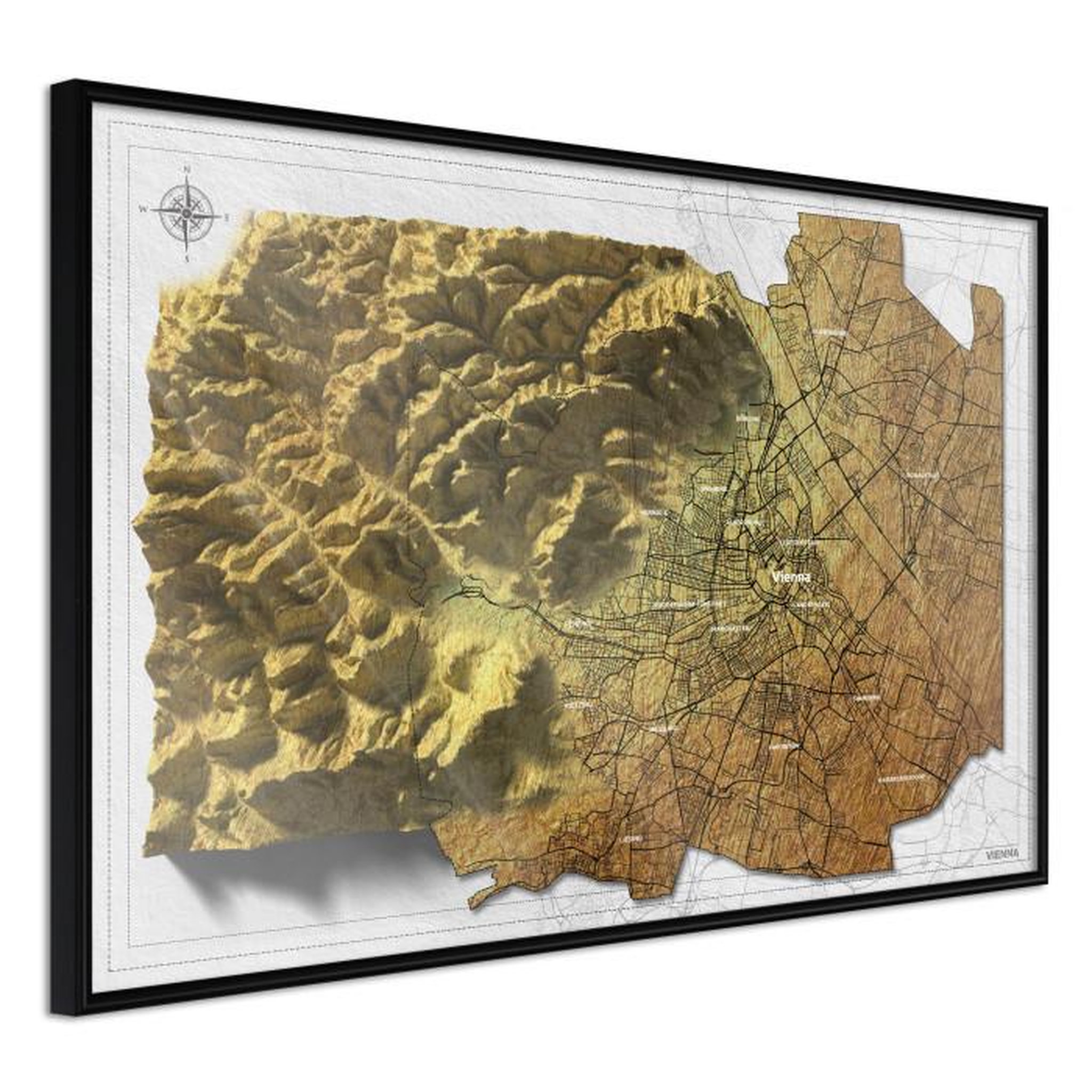 Paris Prix Affiche Murale Encadrée  Raised Relief Map Vienna. Coloris disponibles : Noir, Jaune