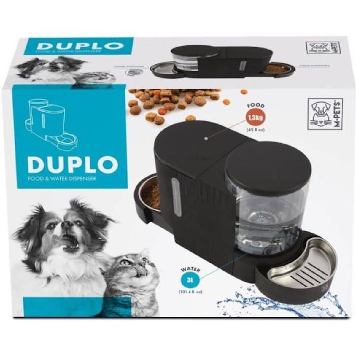 M PETS Distributeur de croquettes et d'eau M.PETS DUPLO 1,3kg/3L - 40x16.2x29.1 cm - Noir