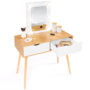 Voir la diapositive 5 : ID MARKET Coiffeuse scandinave 2 tiroirs LIVIA bois et blanc avec miroir LED