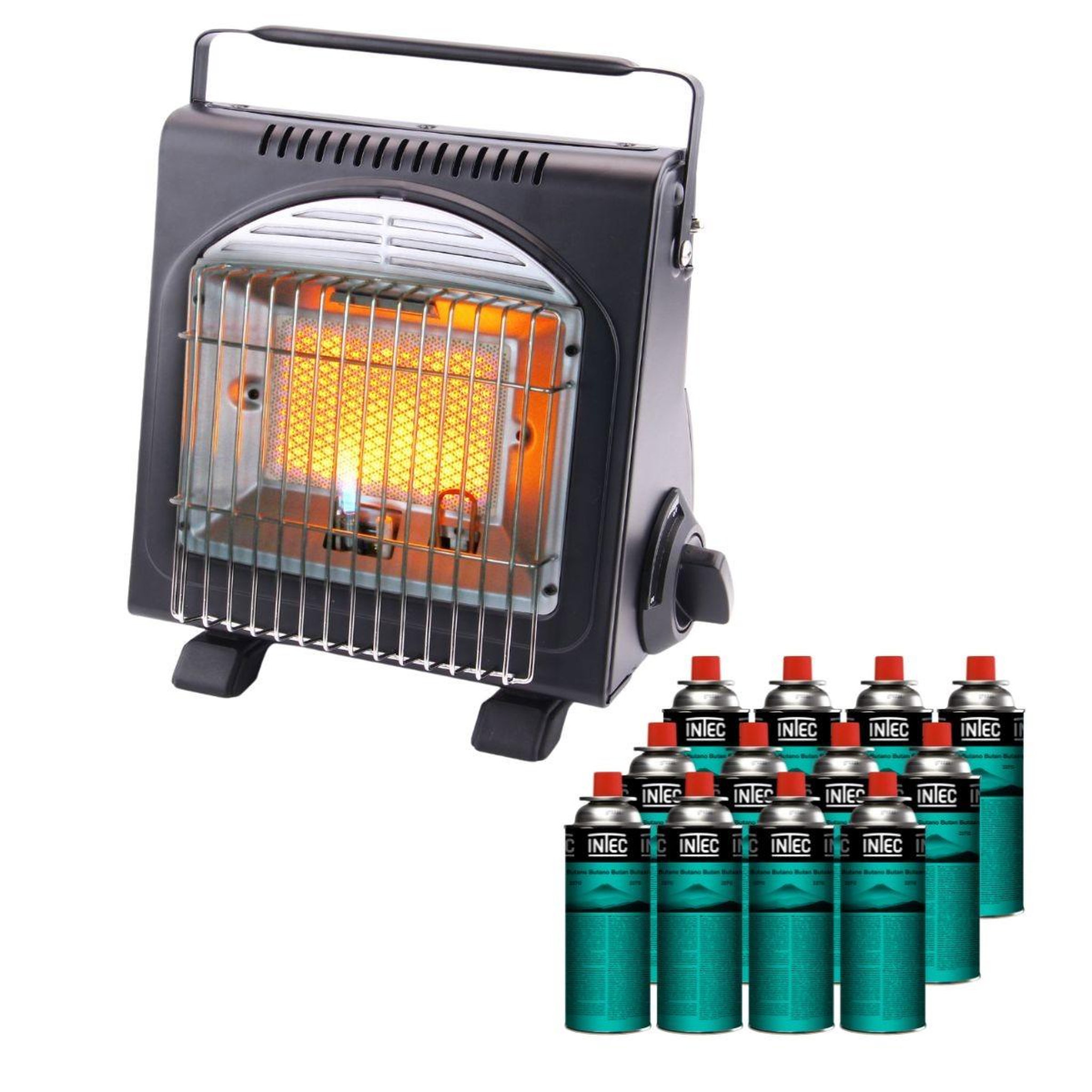 INTEC Chauffage à gaz portable 1700w fuego + 12 cartouches butane en417 piezo hsc ods anti-basculement intec