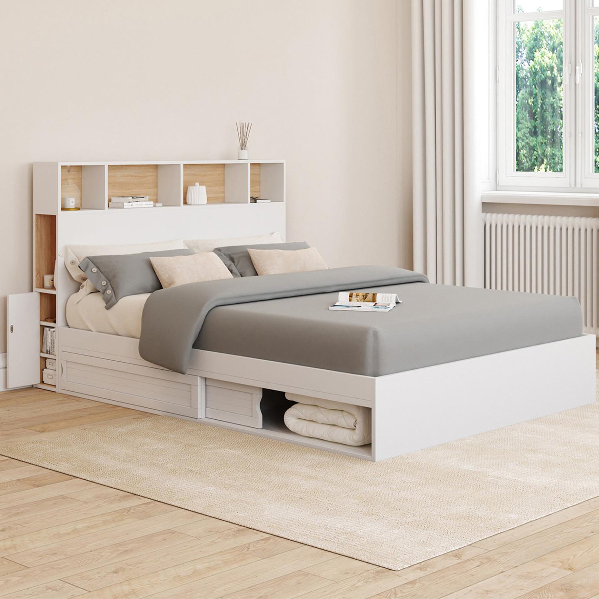 Voir la diapositive 2 : ID MARKET Lit double clem avec tête de lit, rangements et sommier 140 x 190 cm blanc