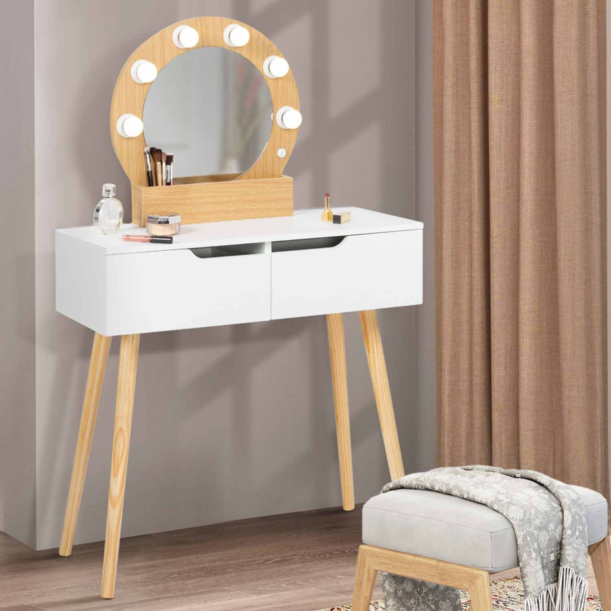Voir la diapositive 2 : ID MARKET Coiffeuse scandinave 2 tiroirs horia bois et blanc avec miroir led