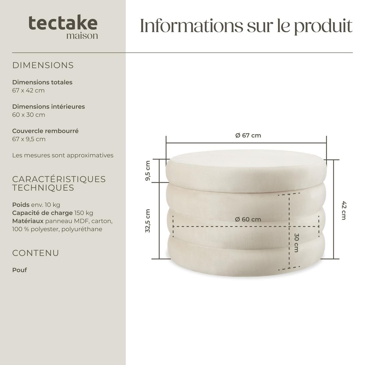 tectake Tabouret avec espace de rangement rond Aspect velours crème/ blanc