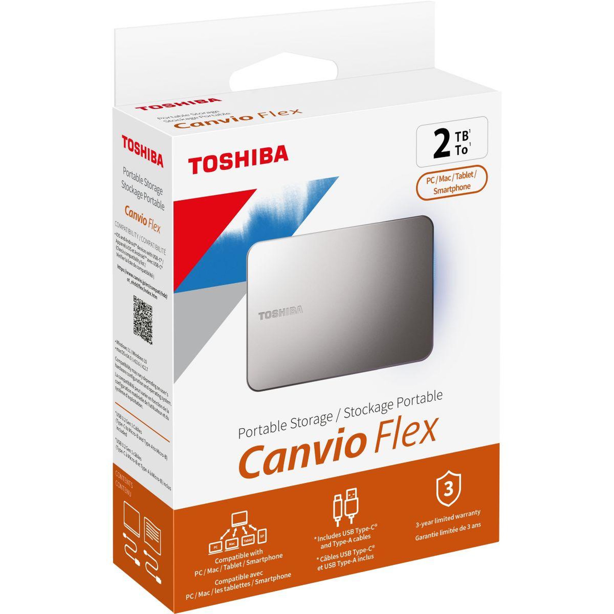 Voir la diapositive 2 : Toshiba Disque dur externe 2To Canvio Flex Silver USBC A