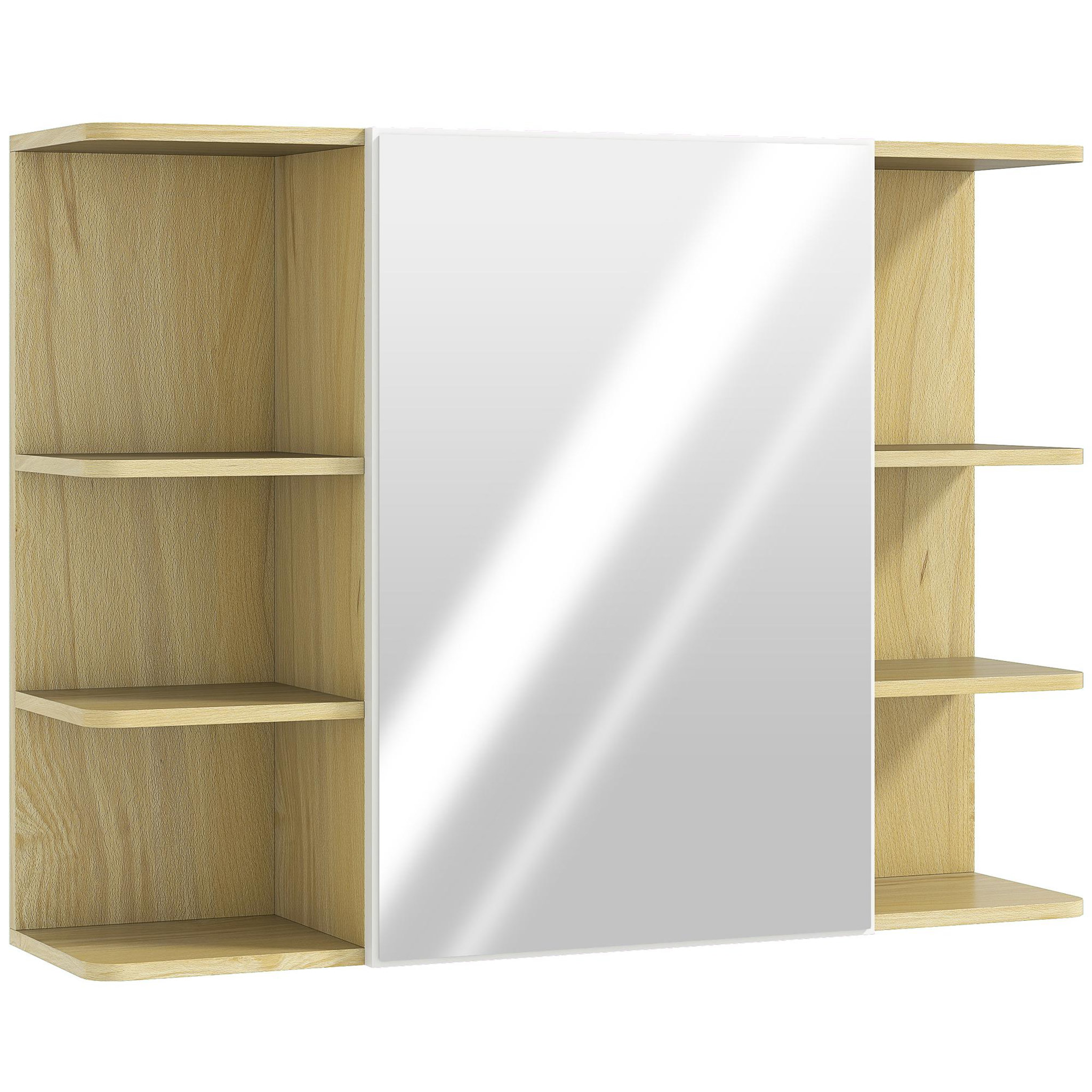 HOMCOM Armoire miroir murale salle de bain - porte, étagère, 2x3 tablettes latérales - 80 x 20 x 59 cm - effet bois clair