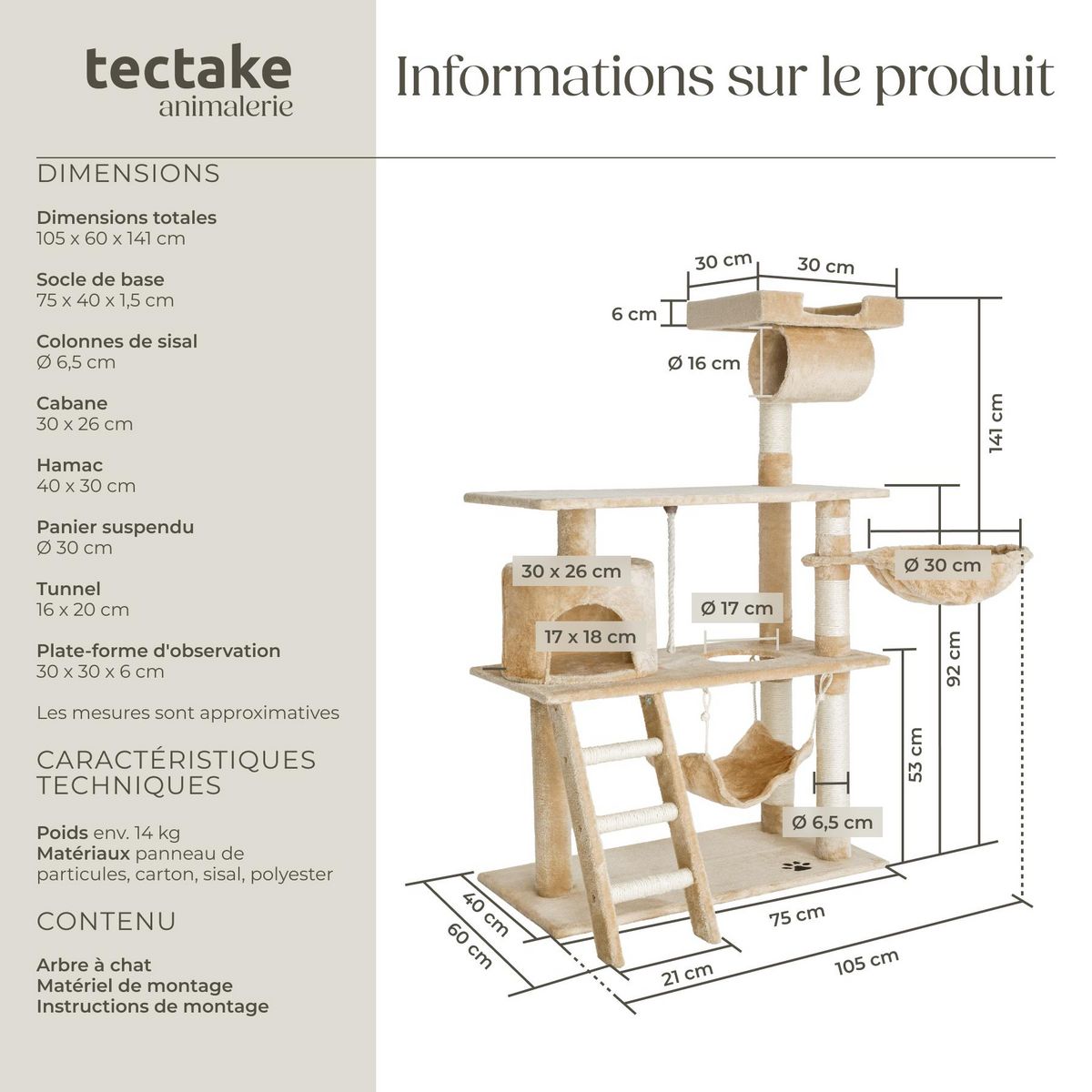 tectake Arbre à chat 141 cm avec griffoir et plateforme d'escalade beige