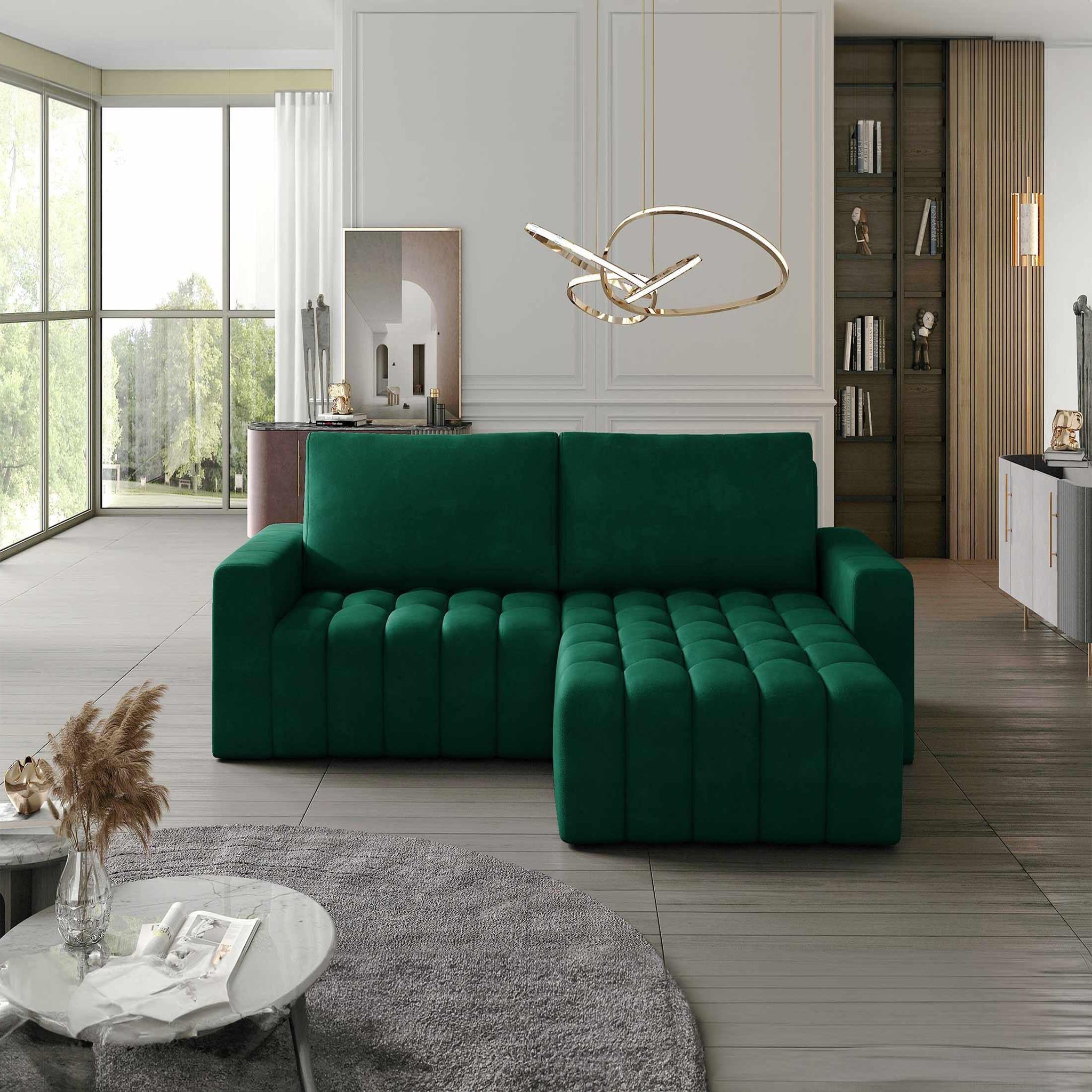 Voir la diapositive 1 : BEST MOBILIER Cordova - canapé d'angle droit 4 places convertible avec coffre en velours