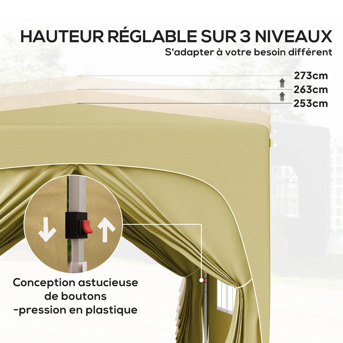 OUTSUNNY Tonnelle barnum pop up automatique 3x3m hauteur réglable sac transport inclus coloris sable