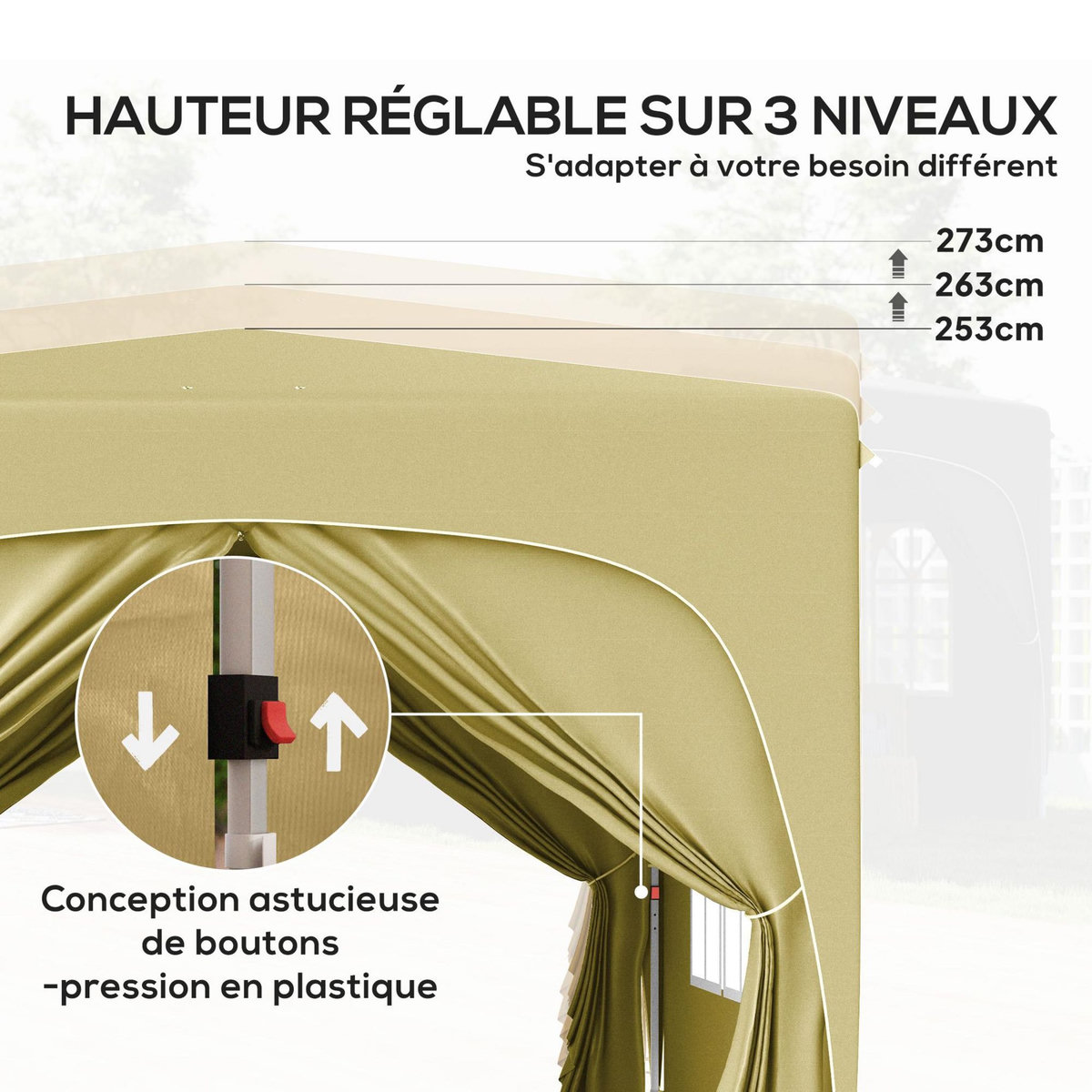 OUTSUNNY Tonnelle barnum pop up automatique 3x3m hauteur réglable sac transport inclus coloris sable