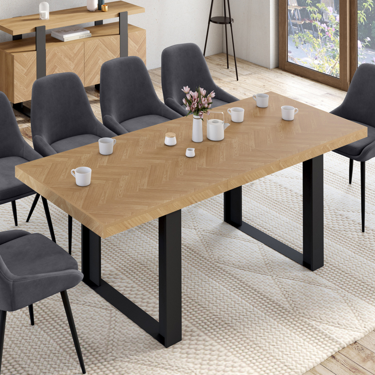 ID MARKET Table à manger extensible rectangle CASSIUS 4-8 personnes effet chevrons et pieds noirs 160-200 cm