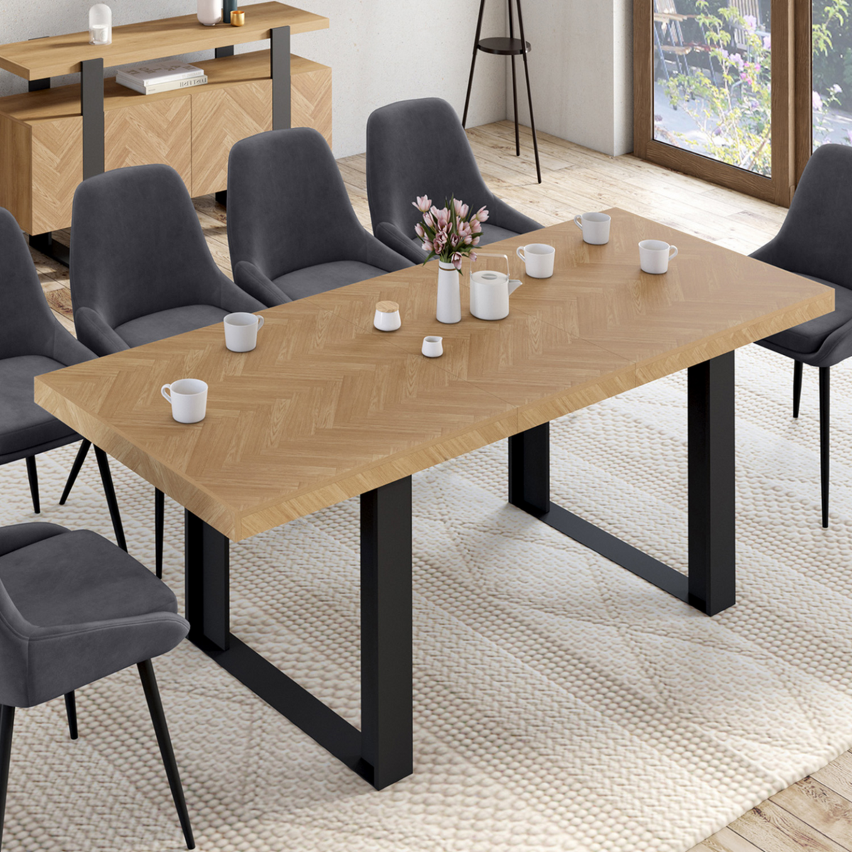 ID MARKET Table à manger extensible rectangle CASSIUS 4-8 personnes effet chevrons et pieds noirs 160-200 cm