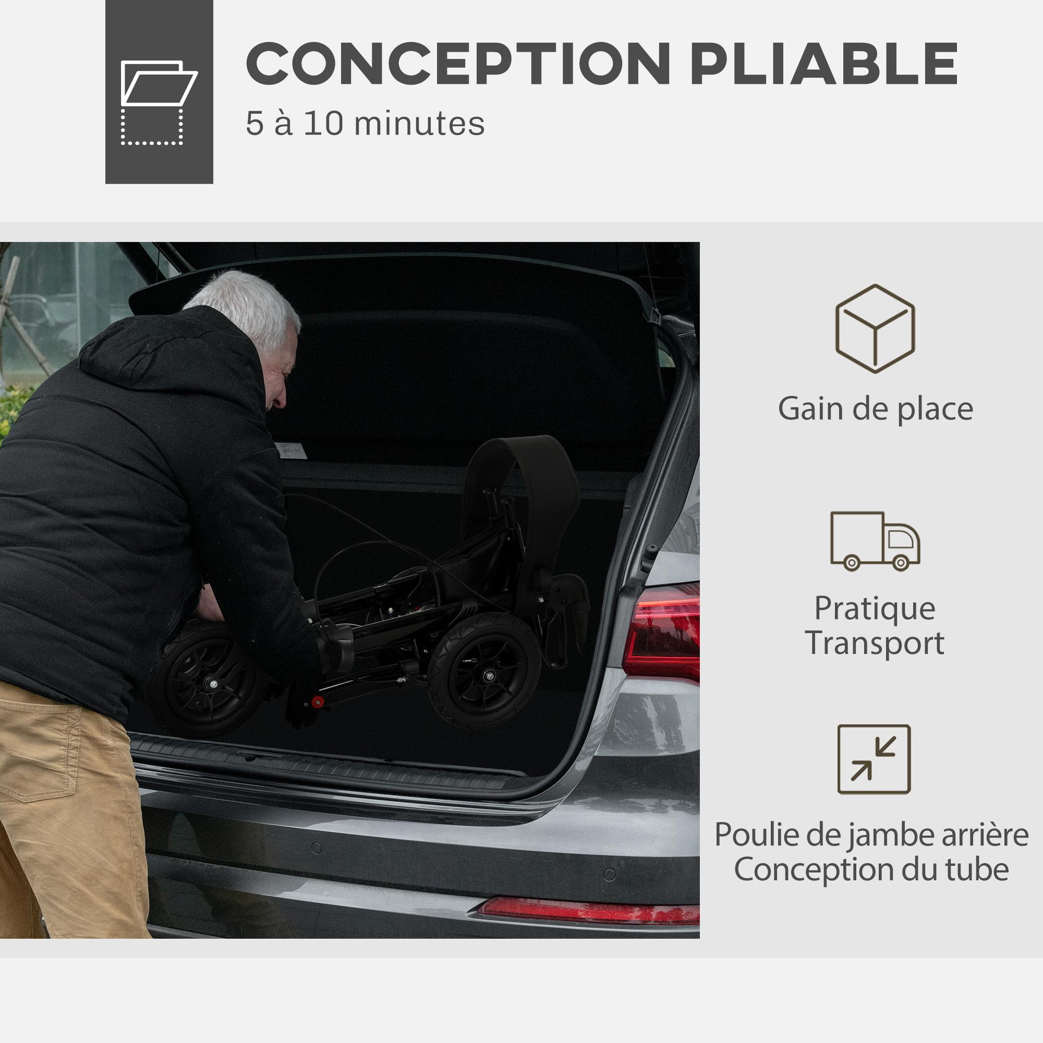 Voir la diapositive 6 : HOMCOM Déambulateur pliable réglable 4 roues siège et sacoche intégrés alu noir